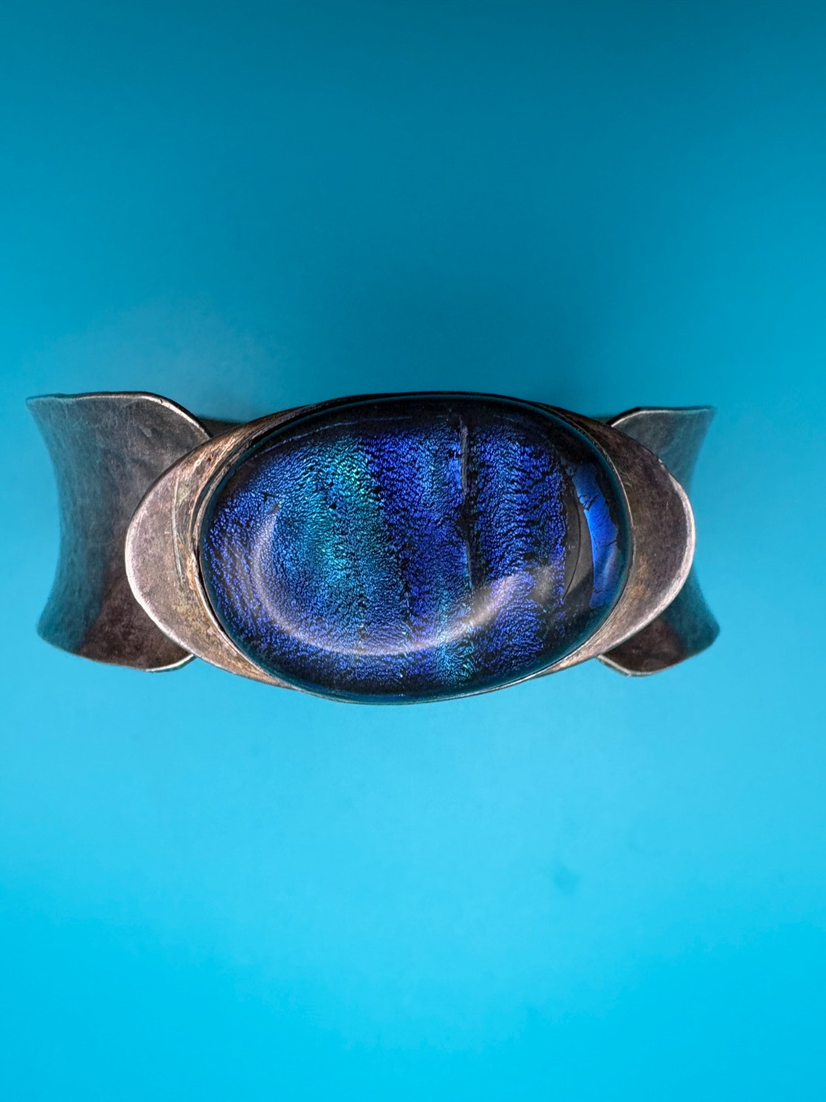 Studio Silver Cuff Bracelet Iridescent Cabochon Signed CM Sterling Modernist