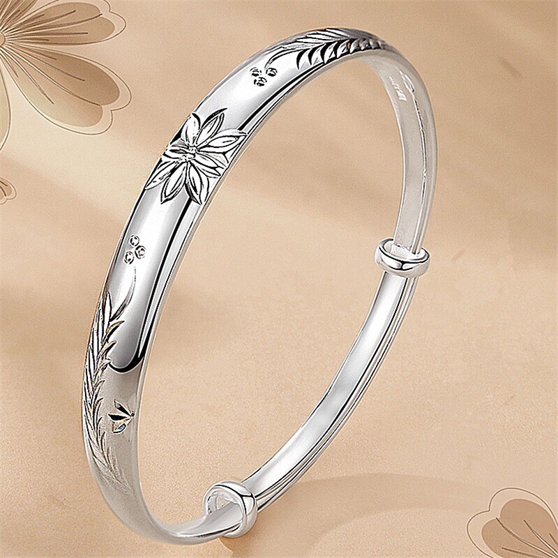 Vintage Handmade 925 Sterling Silver Lucky Flower Bracelet Hand Bangle