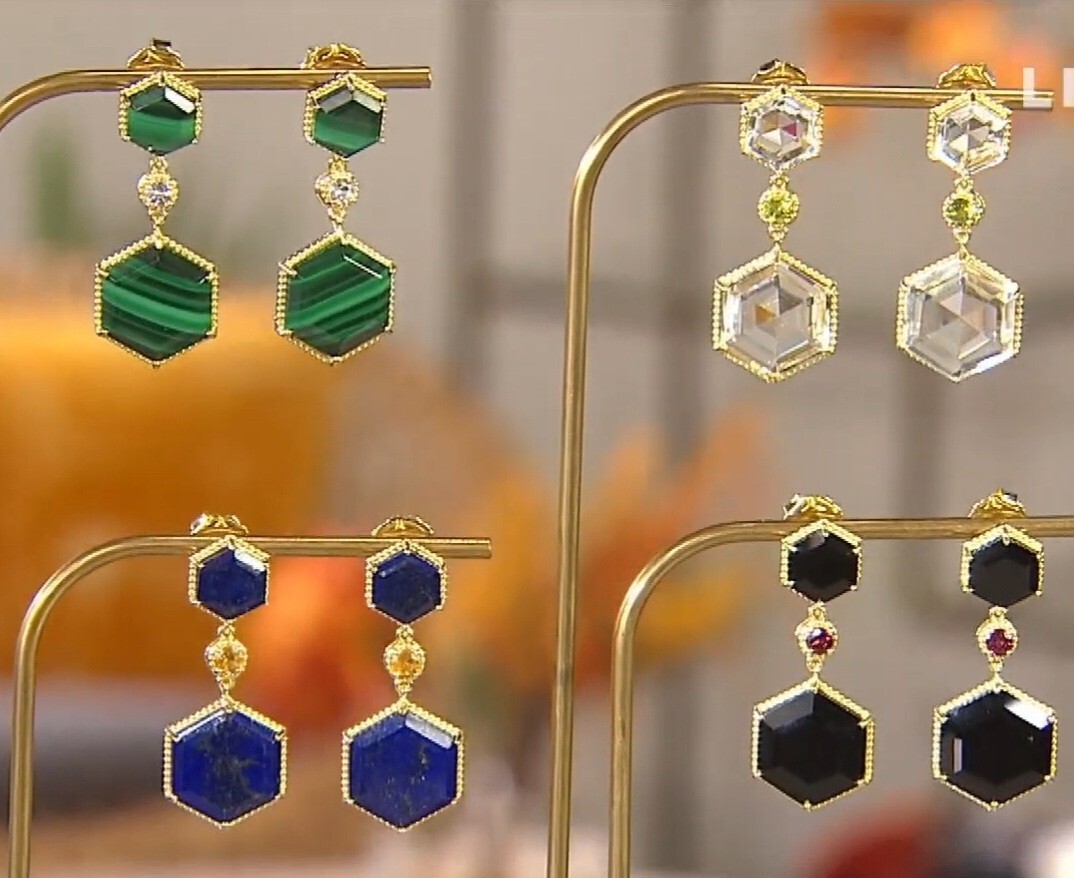Rarities Sterling Silver Gold-Plated Quartz Hexagon Drop Earrings-Pierced-NWT