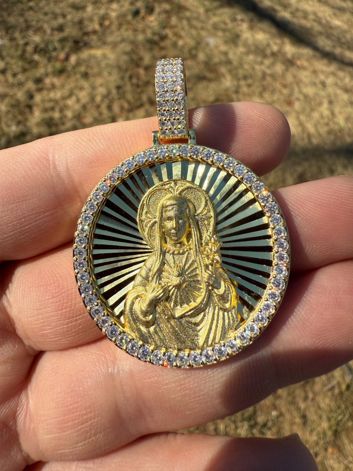 MOISSANITE Virgin Mary Round Medallion Pendant Real 925 Silver / Gold Necklace