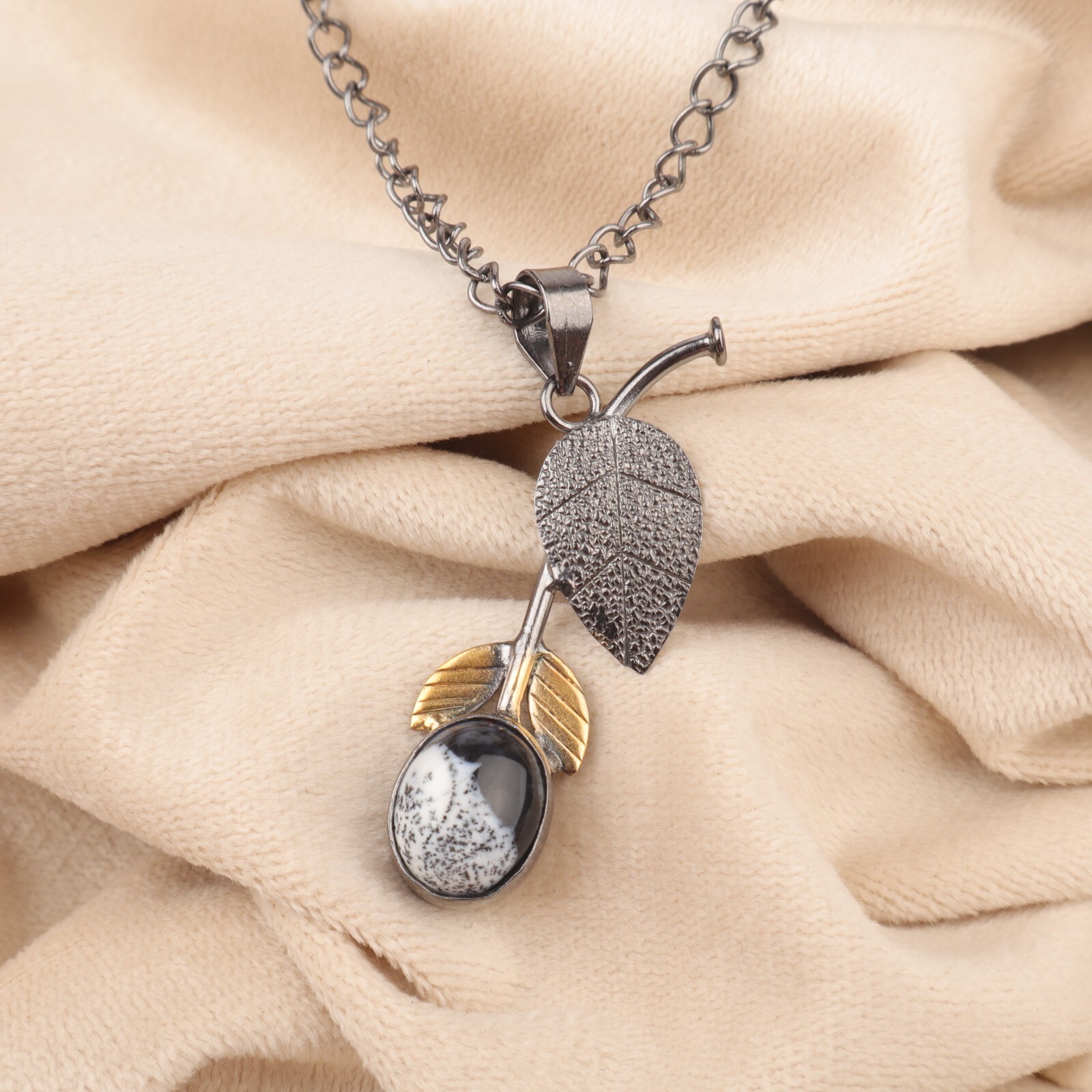 925 Sterling Silver Oval Dendritic Opal Gemstone Daughter Bezel Handmade Pendant