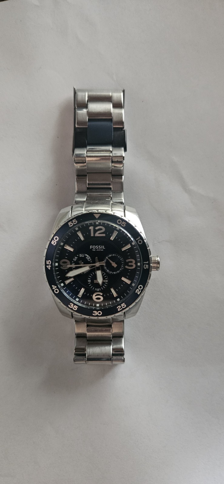FOSSIL SPORT DIVER BQ 9373 STAINLESS BRACELET NAVY BLUE 3 EYE FACE DIAL & BEZEL