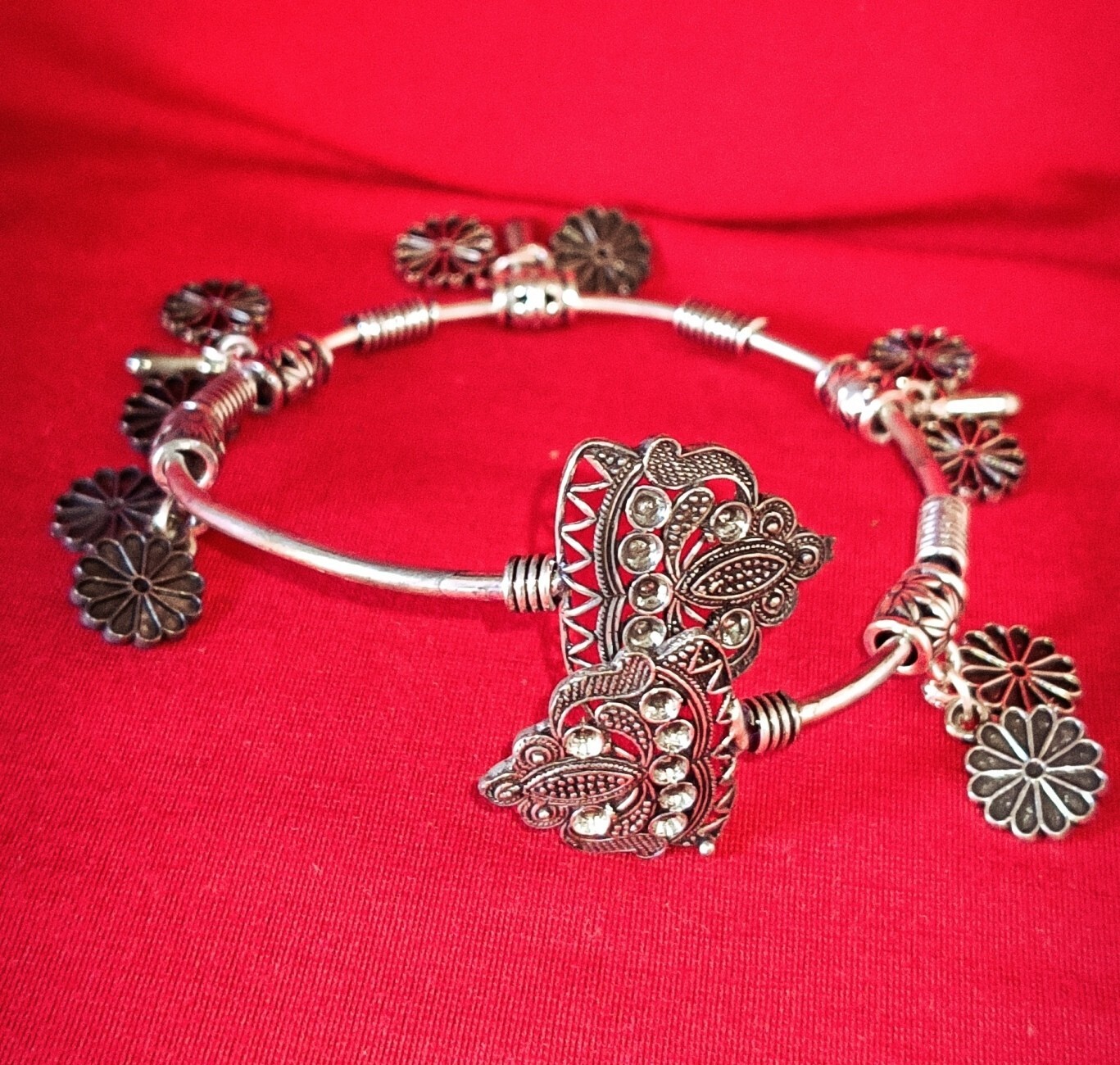 Silver Oxidized cuff adjustable Charm Flower Bracelet Women Partywear Jewelry