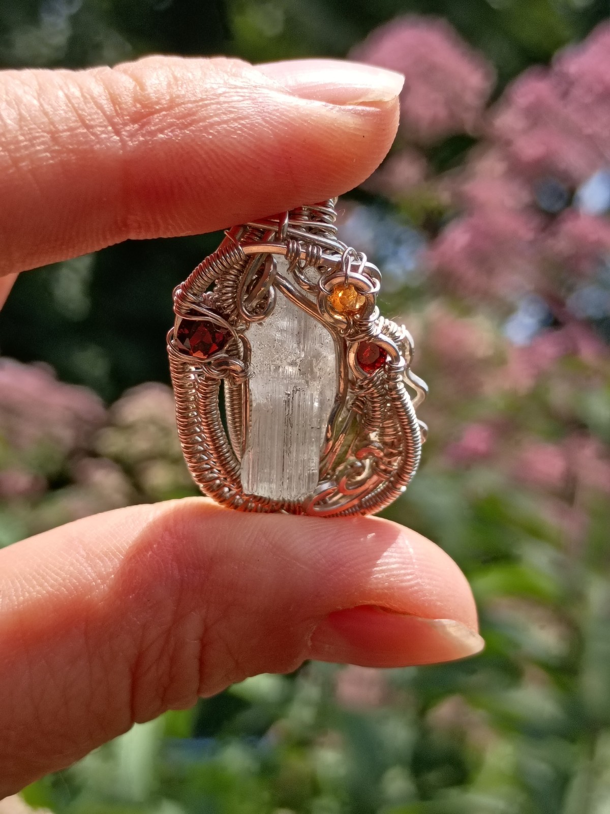 Handcrafted Wire Wrapped Aquamarine Crystal Sterling Silver Amulet Pendant