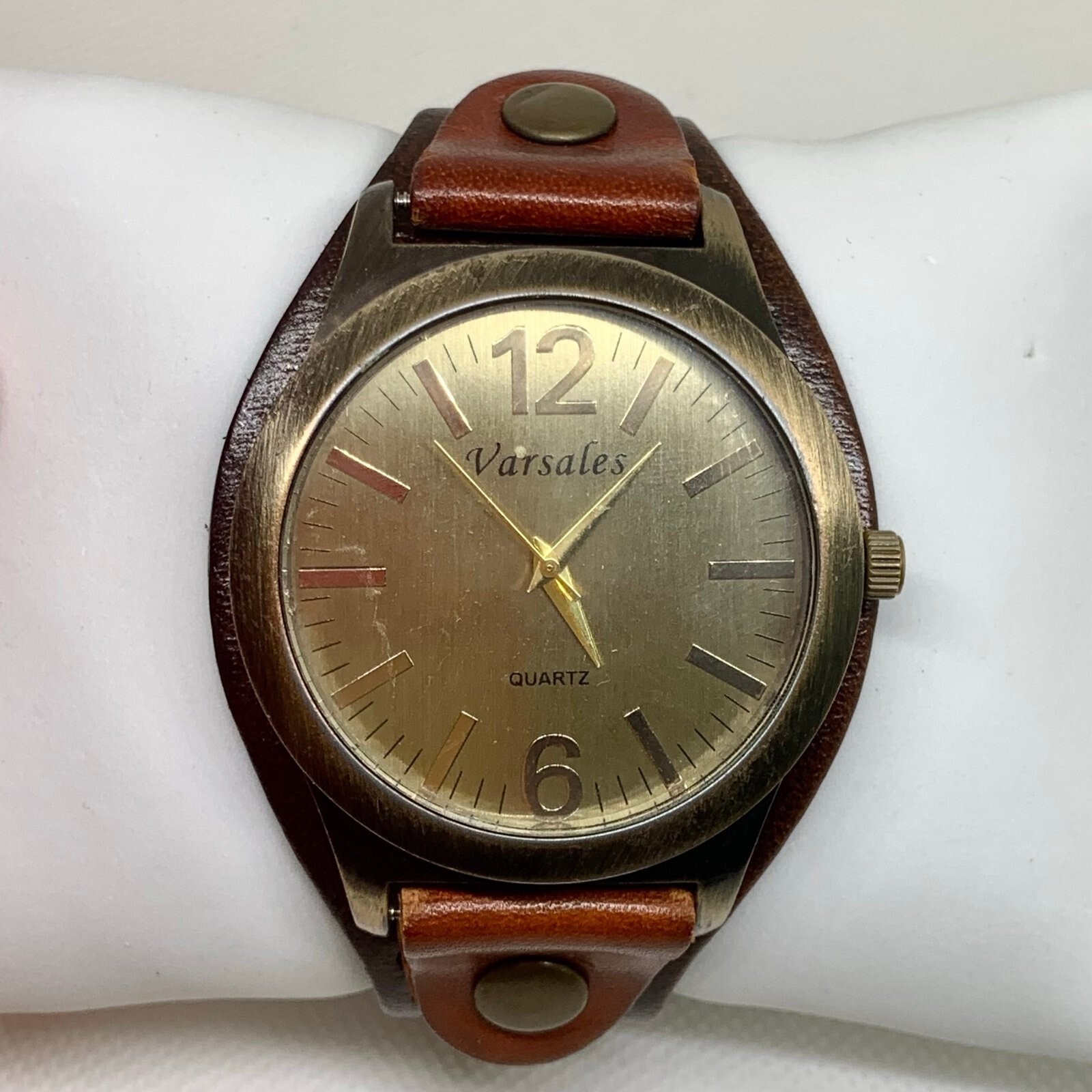 Varsales men quartz analog watch 45mm green dial brown leather running