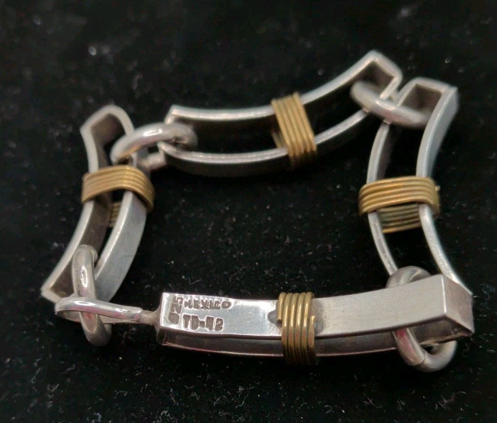 Taxco Sterling 925 Brass Accent Squared Link Bracelet 40g, Size 7 TD-42