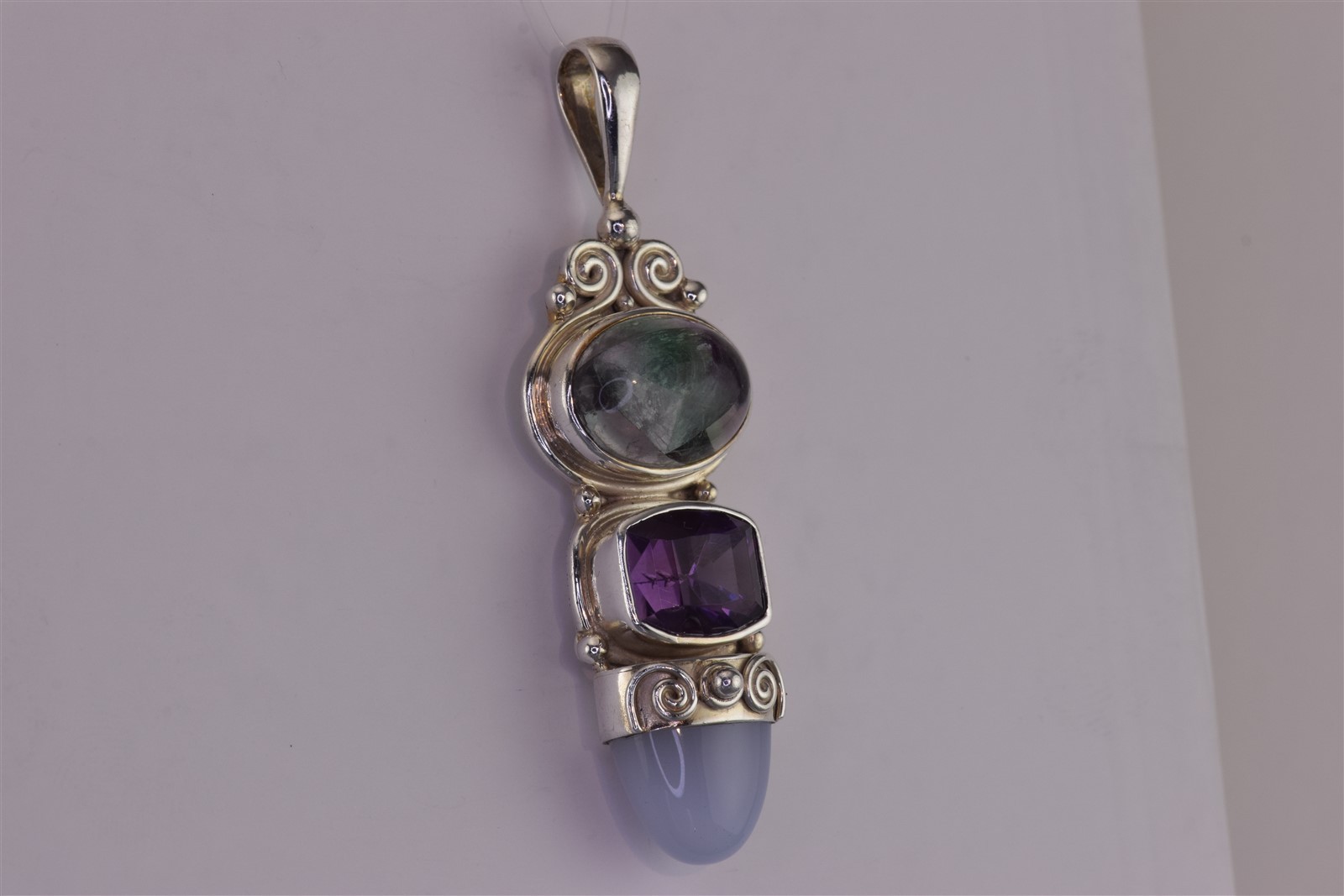 SAJEN Sterling Silver 63mmx 18mm Fluorite Amethyst Quartz Statement 925 Pendant