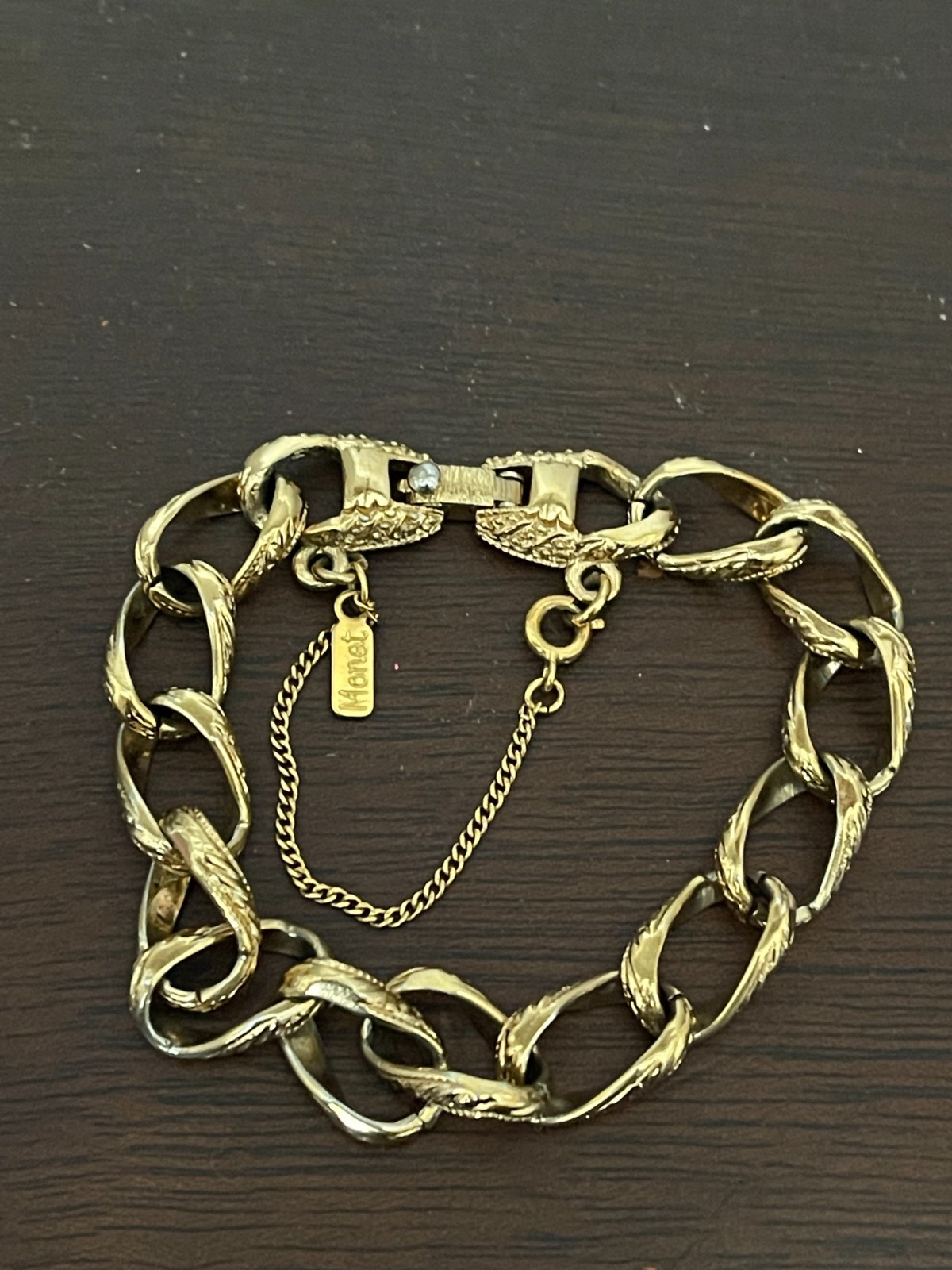 Vintage Monet Bracelet Textured Gold Tone Chain Link Signed & Marked with Safety