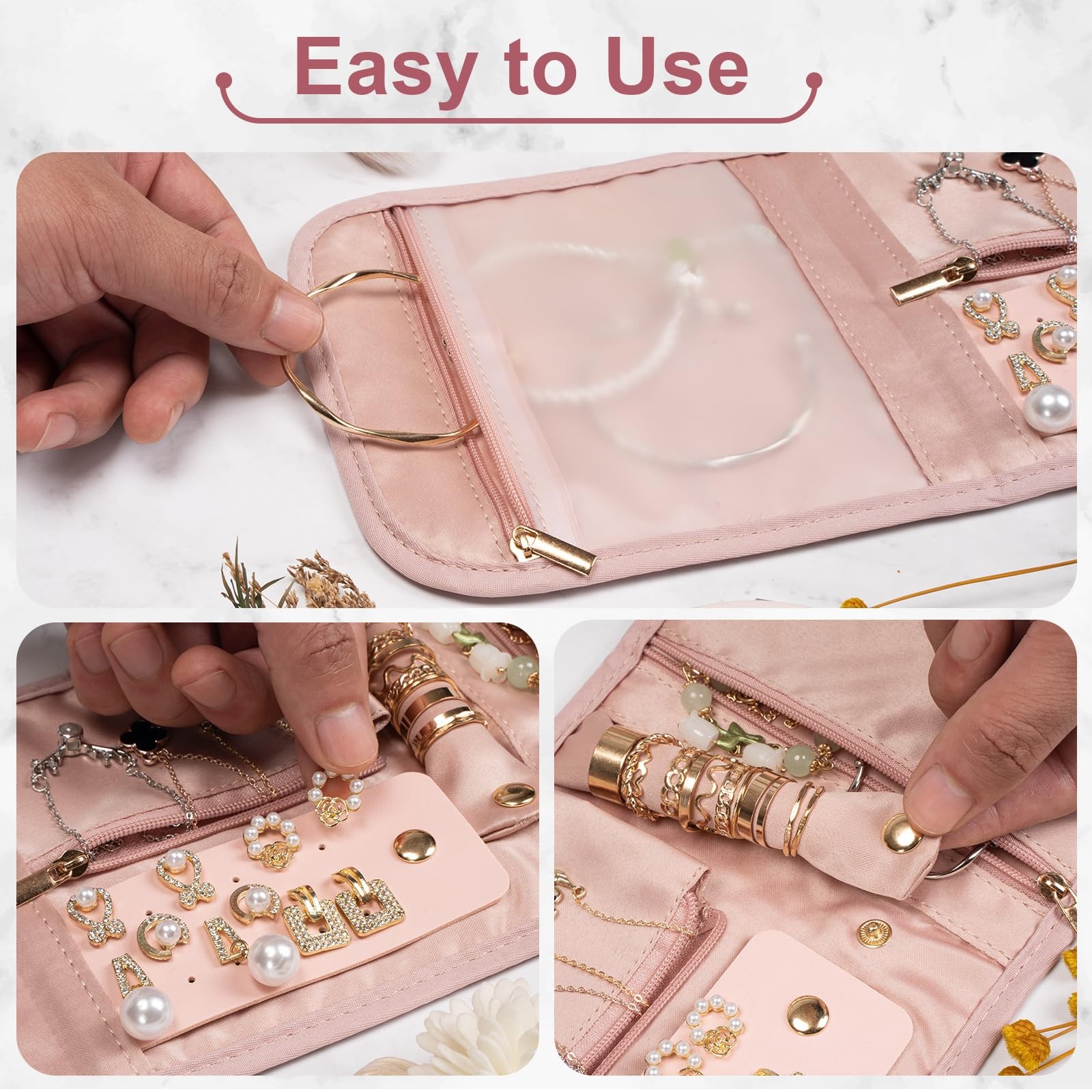 Amrules Travel Jewelry Roll Organizer Bag Foldable and Anti-Lost Small, Pink