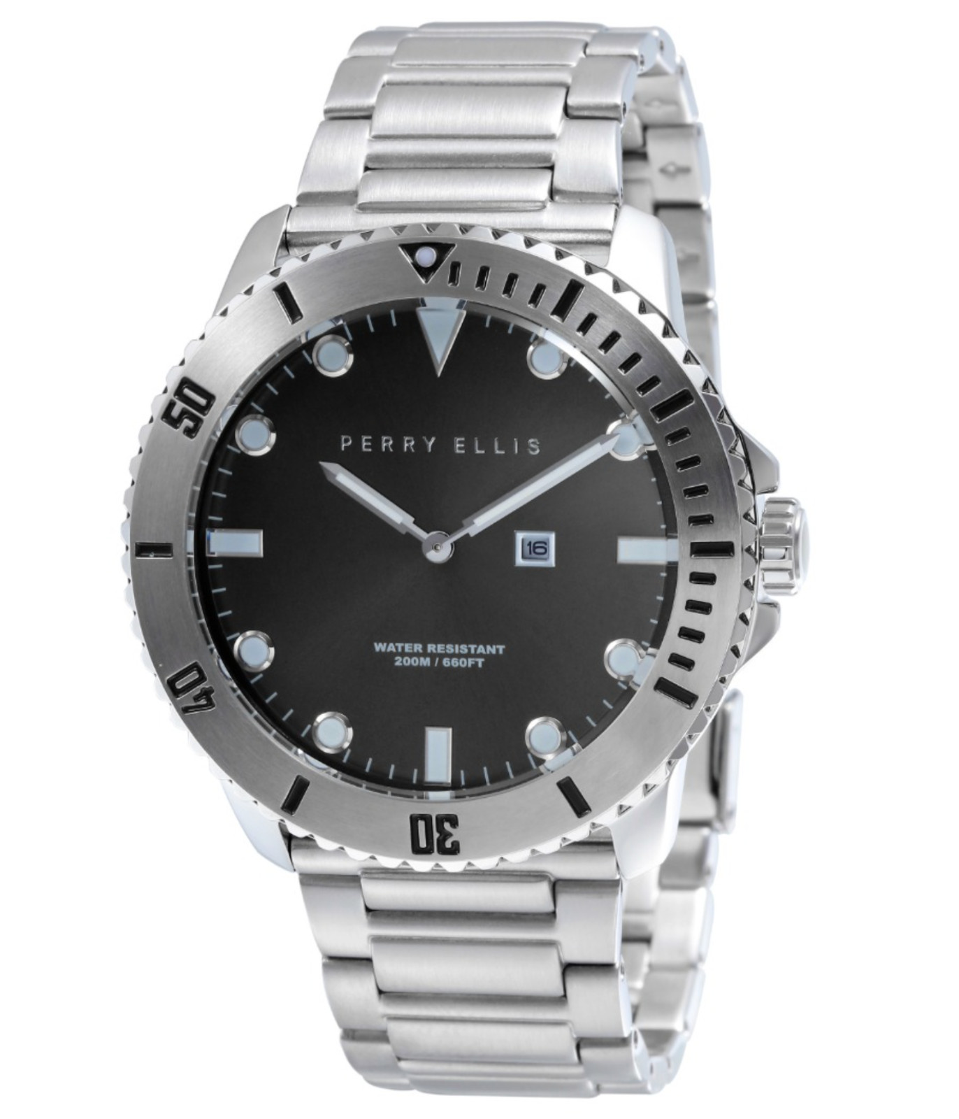 Perry Ellis Watch 02001-02 Deep Diver Quartz 46 mm Case Men’s Silver 20ATM 200m.