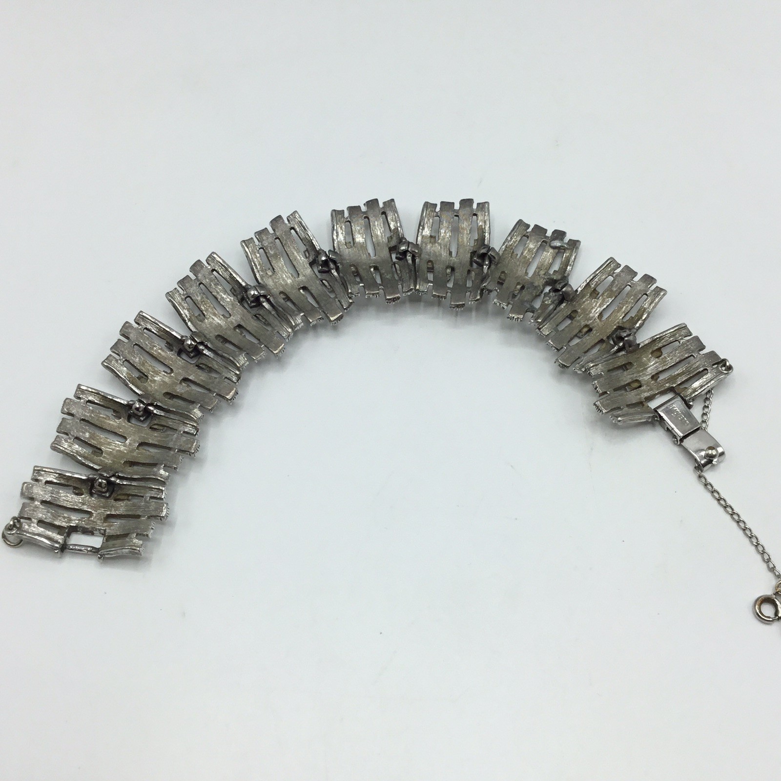Vintage Monet Silver Tone Brutalist Bracelet with Safety Chain