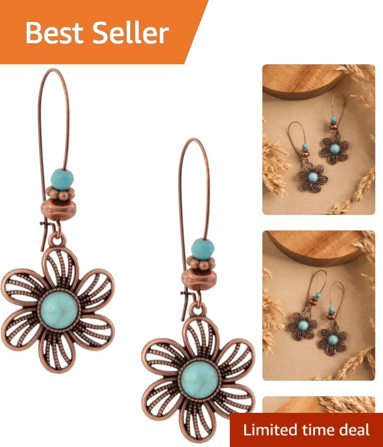 Rustic Turquoise Floral Dangle Earrings in Antique Copper – Stylish Jewelry Gift