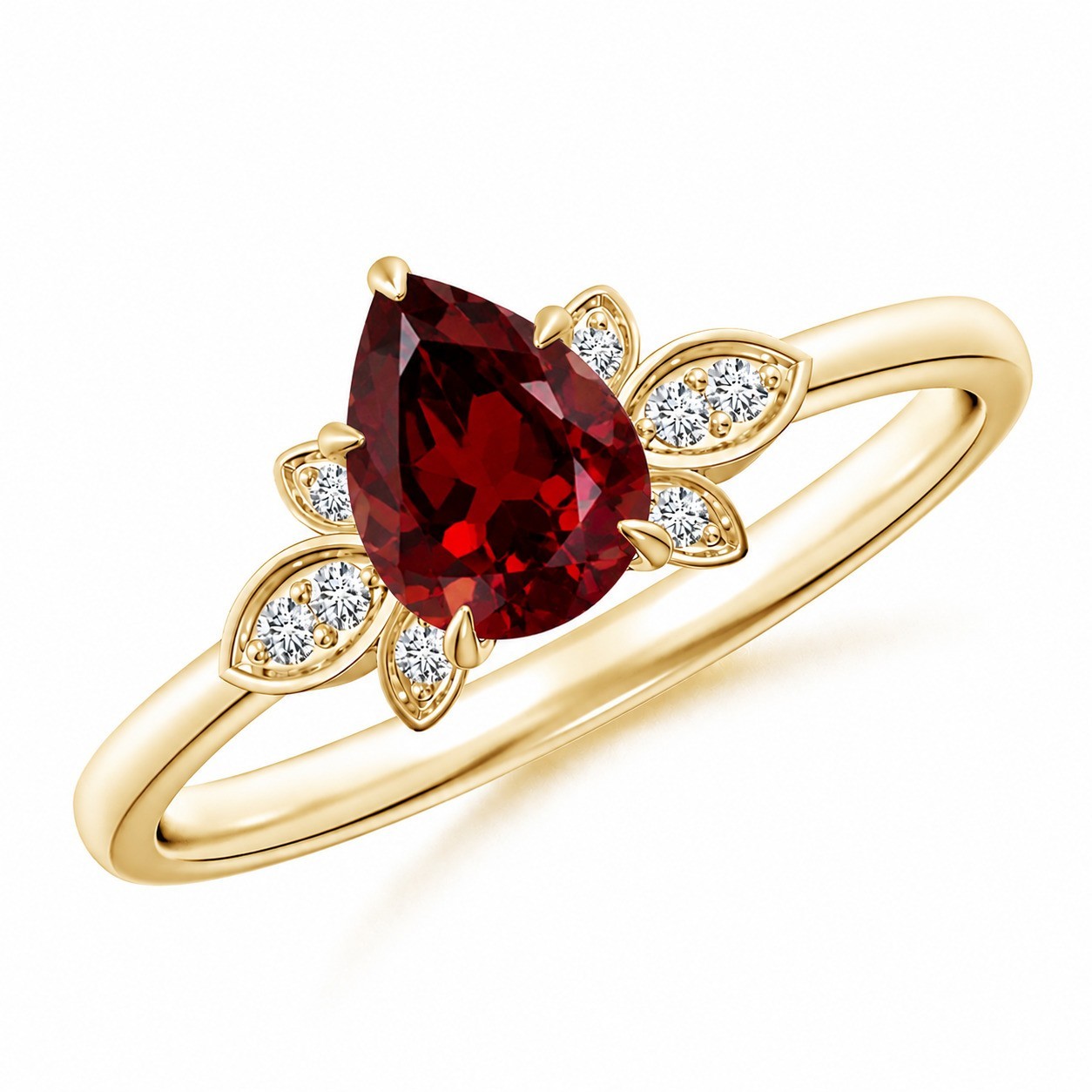 Vintage Style Pear Red Garnet Ring 925 Yellow Gold Moissanite Flower Ring Women