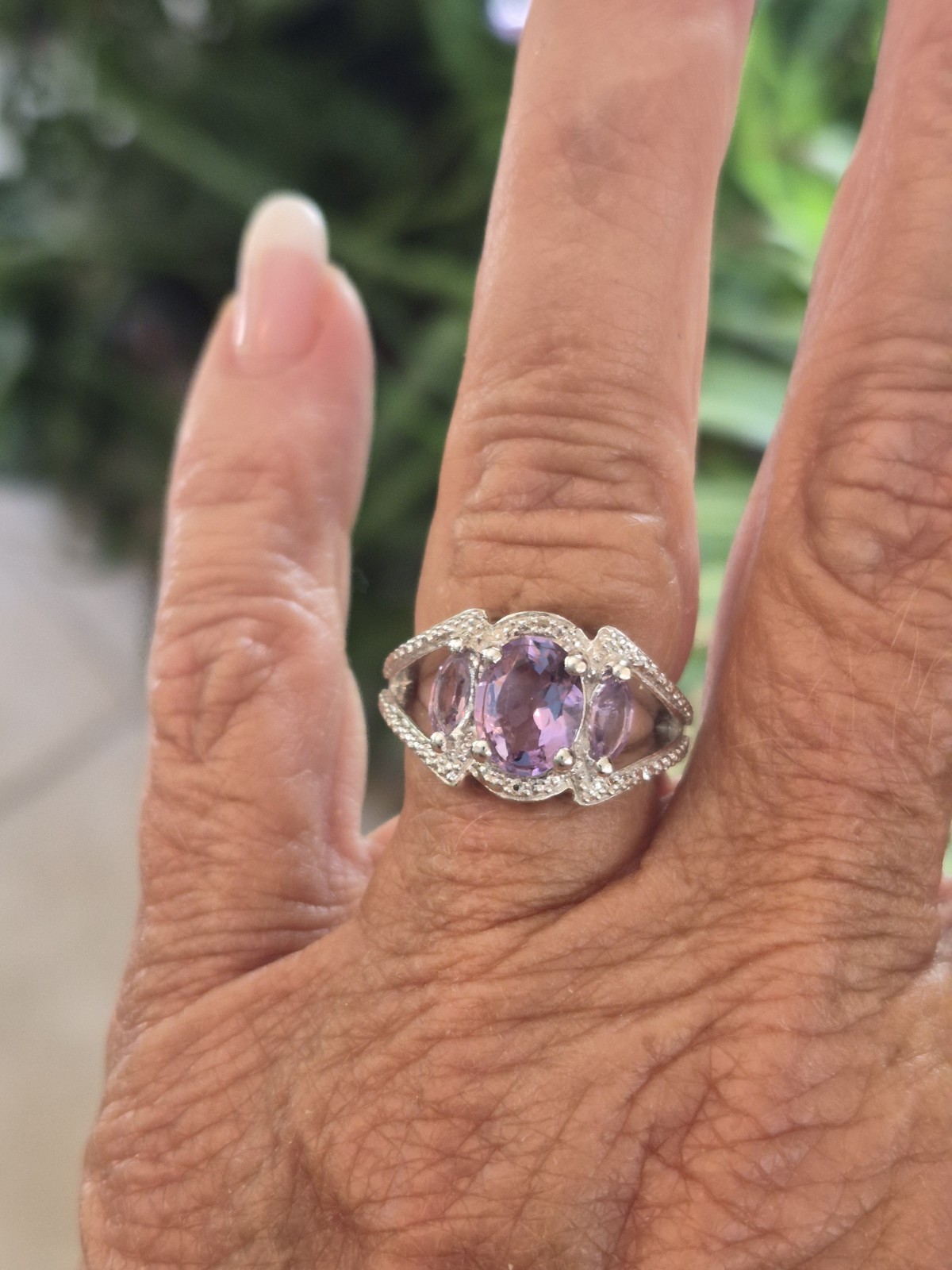 .925 Sterling Silver and 3 Stone Amethyst Ring sz. 6.5