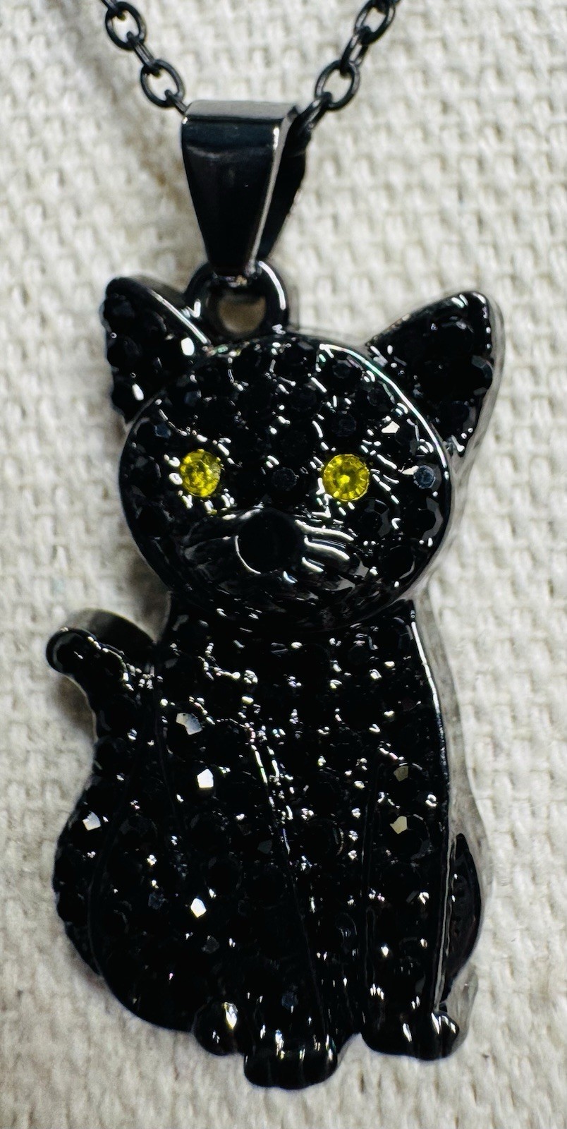 Adorable Black Rhinestone Kitty Cat Pendant On Black Chain Necklace