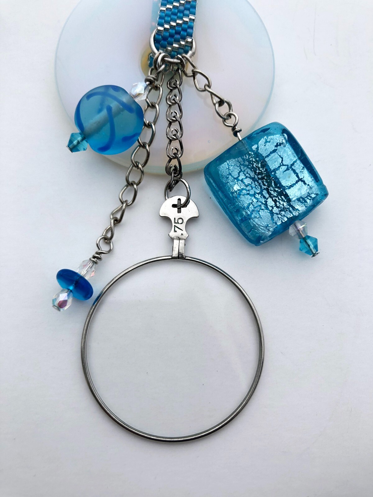 Necklace Pendant and Earrings Beads Optometrist Glass Teal Blue White Mix 22″