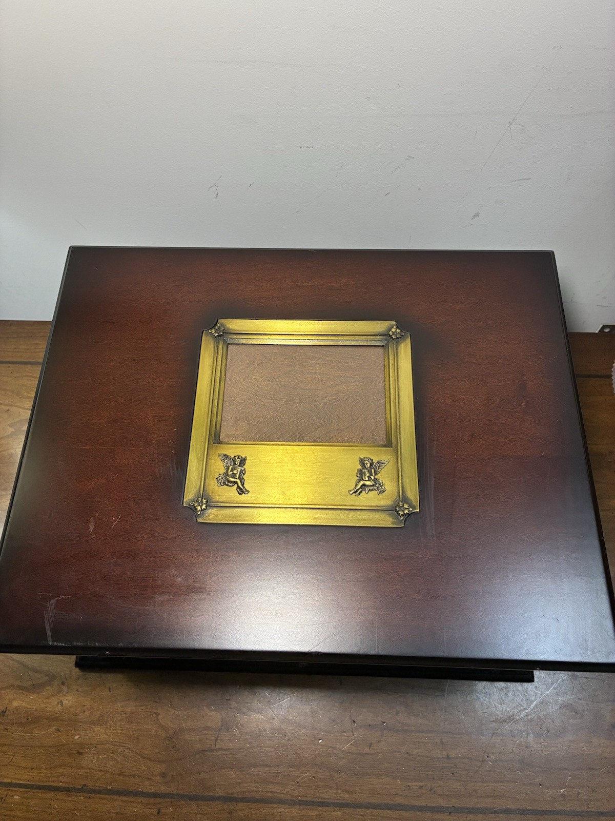 Vintage Bombay Co Large Mahogany Wooden Keepsake Jewelry Box Brass Picture Frame