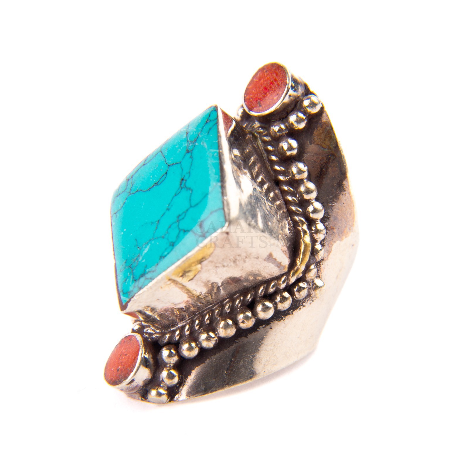 Tibetan Ring, Red Coral Turquoise Stone, Traditional Tibetan Bead Jewelry, 9.25