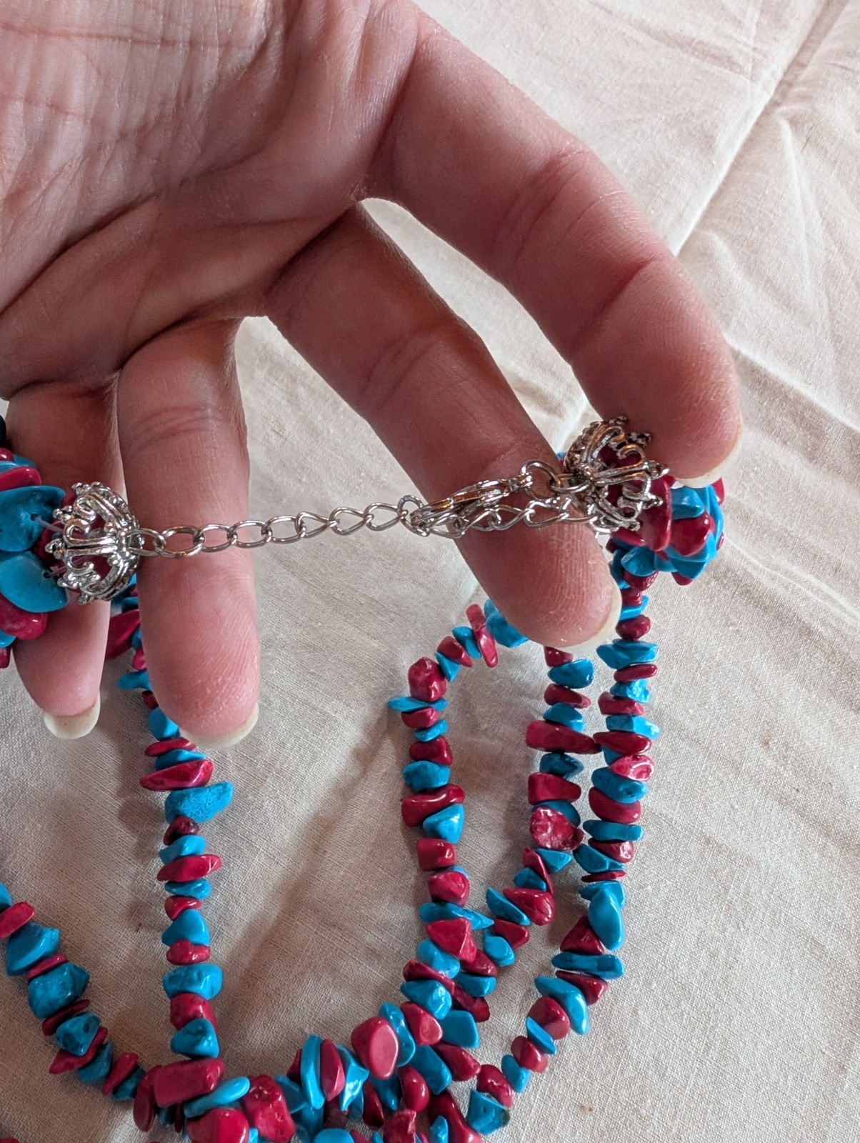 Multi-Stand Tumbled Turquoise And Red Coral Chip Stones