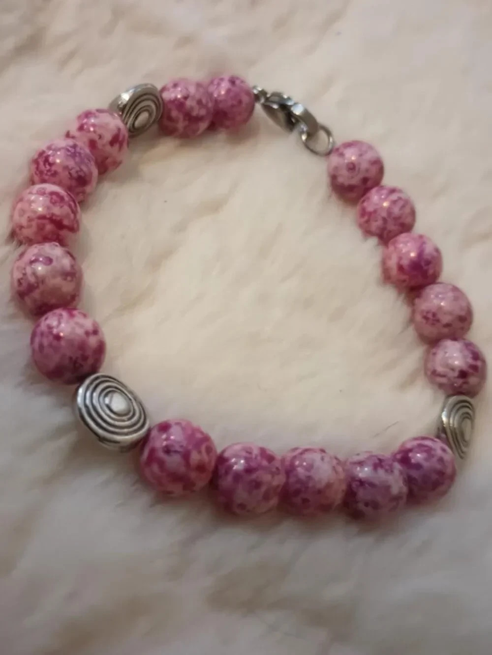 Czech Glass Pink Color Beaded Bracelet Stainless Steel Clasp Handmade 6.75inches