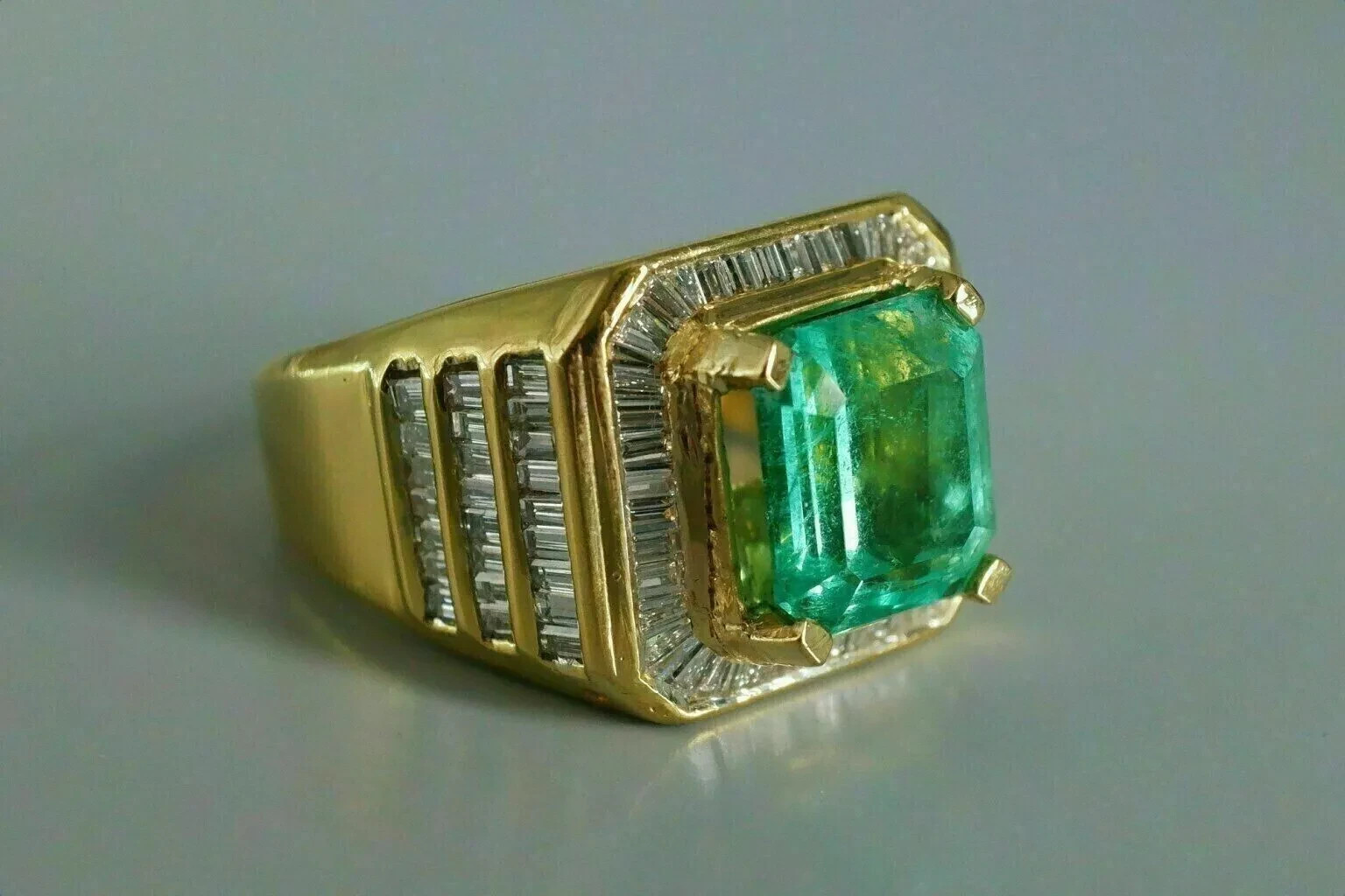 4Ct Cushion Lab-Created Emerald Men’s Wedding Halo Ring 14K Yellow Gold Plated
