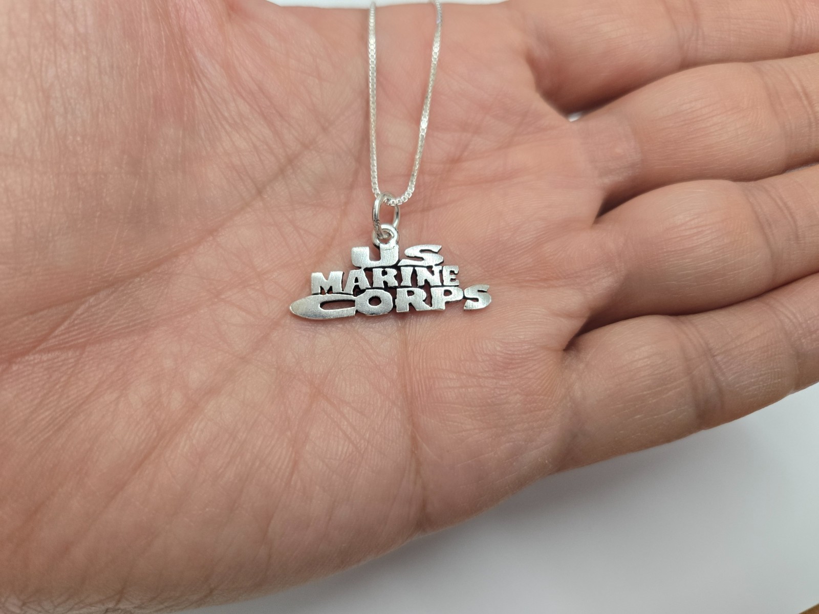 925 Sterling Silver US Marine Corps Word Necklace with 18 Inch Long Box Chain