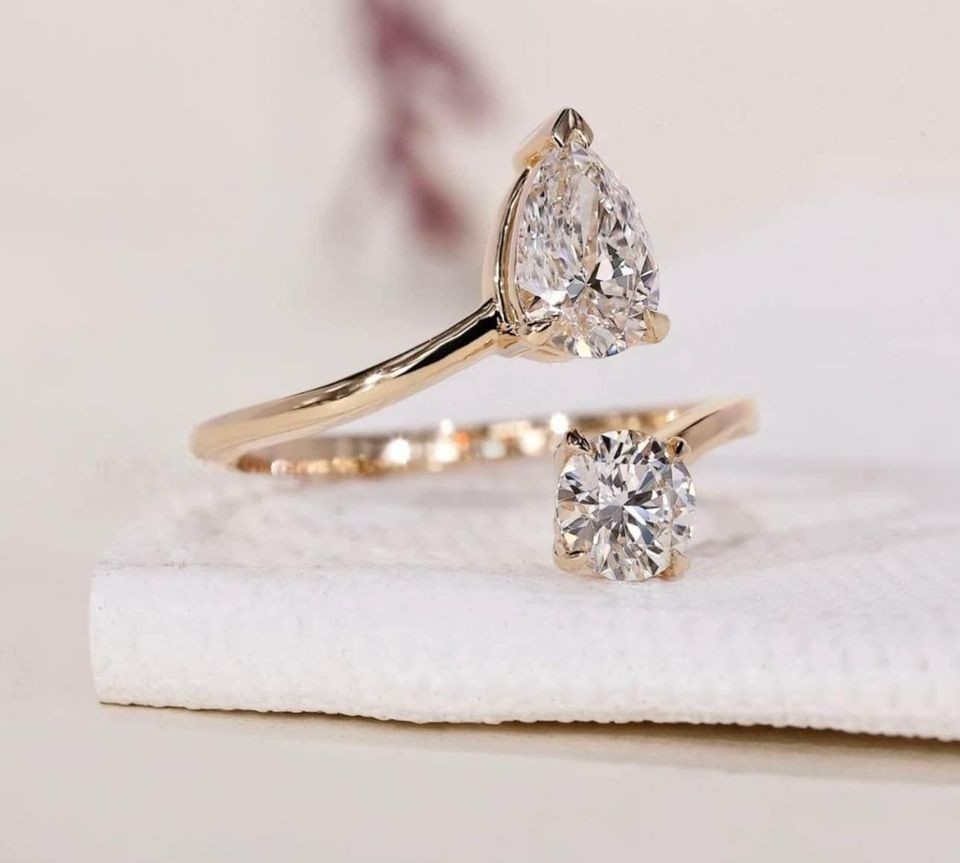 2Ct Round & Pear Cut Simulated Diamond Open Band Ring In 14K Yellow Gold Plated