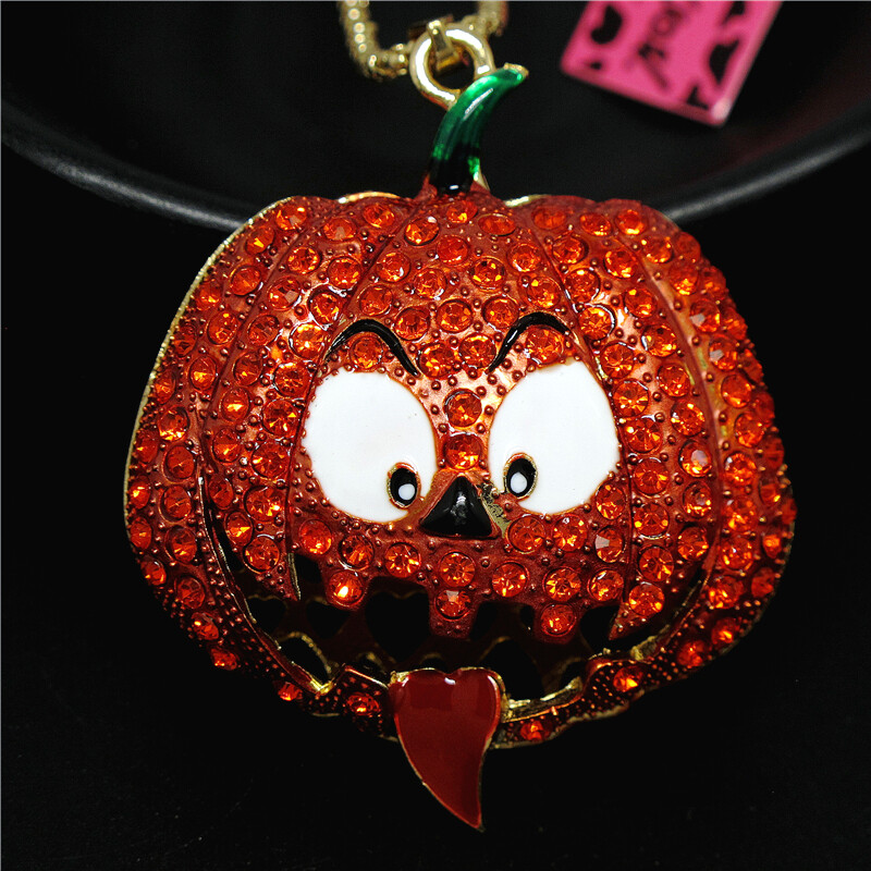Fashion Women Orange Rhinestone Halloween Pumpkin Pendant Chain Necklace Gifts