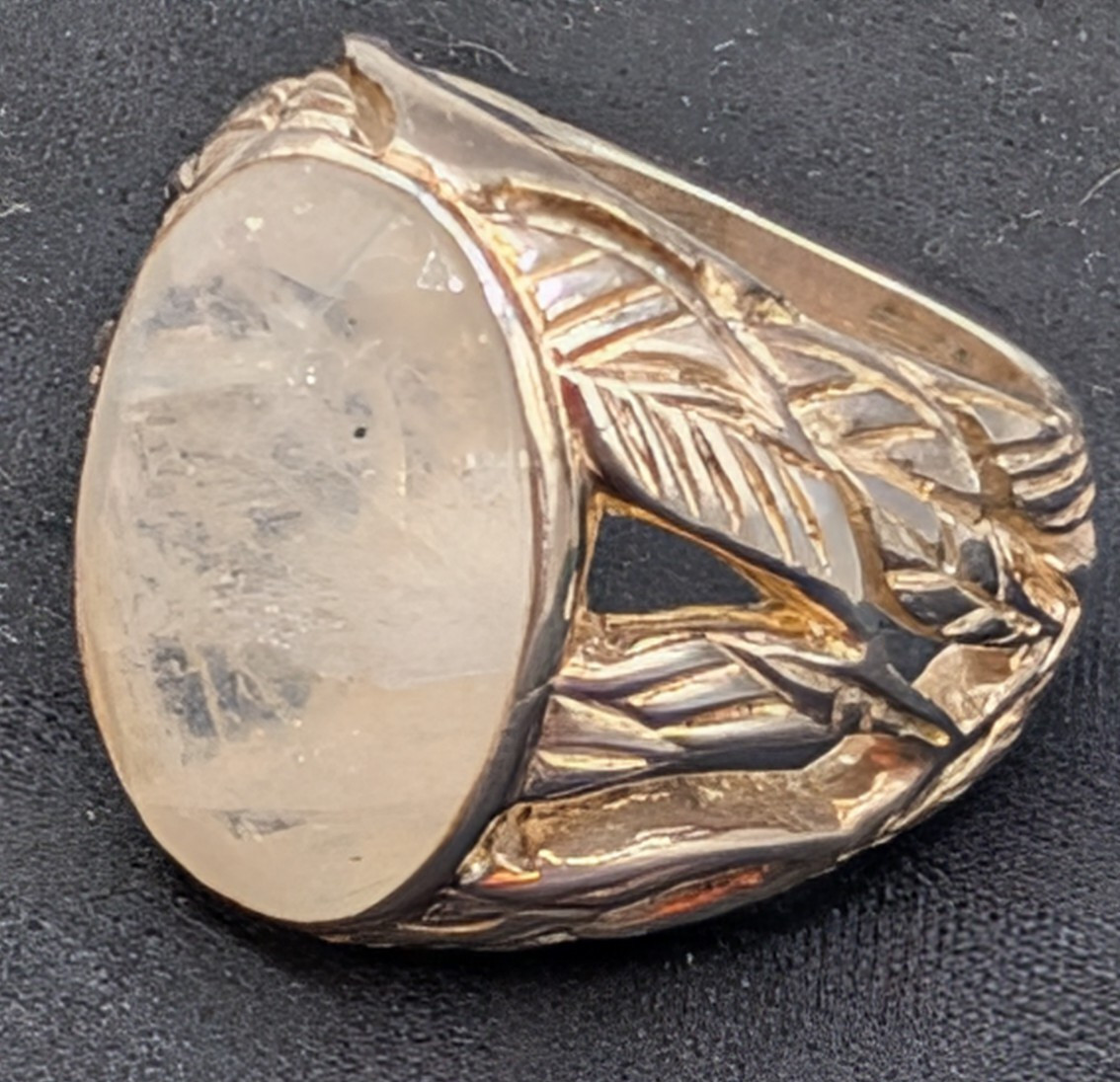 Vintage Artisan Rainbow Moonstone Ring, Openwork Leaf 925 SILVER~MAKER MARK WORN