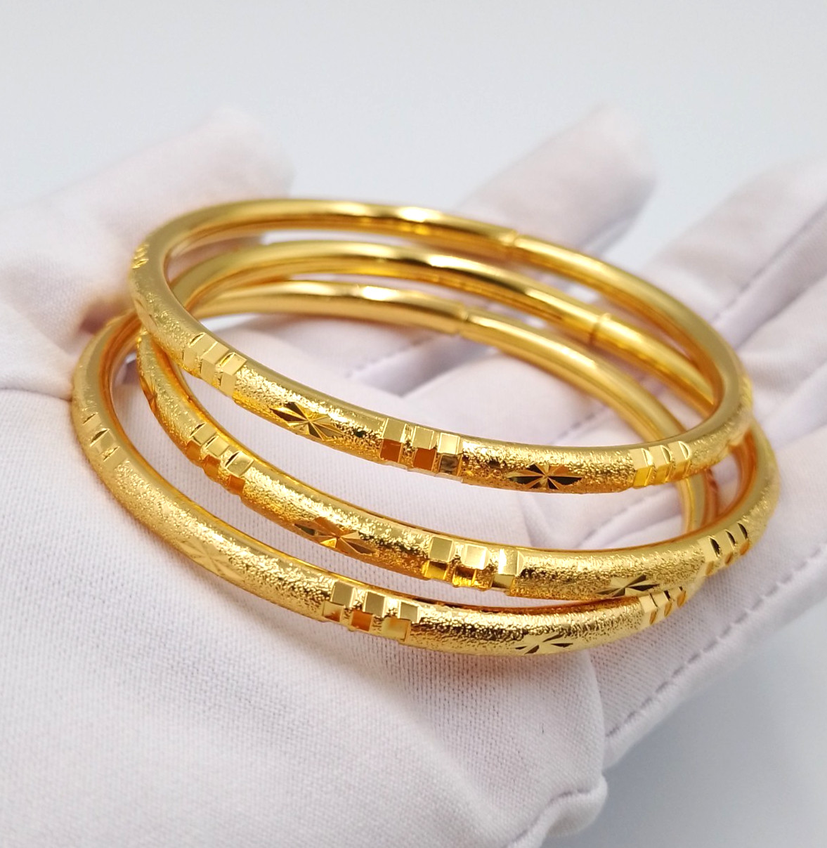 Set 3 Bangle Bracelets 23K 24K Thai Baht Gold GP Filled Women Girls Gift 5.7 cm