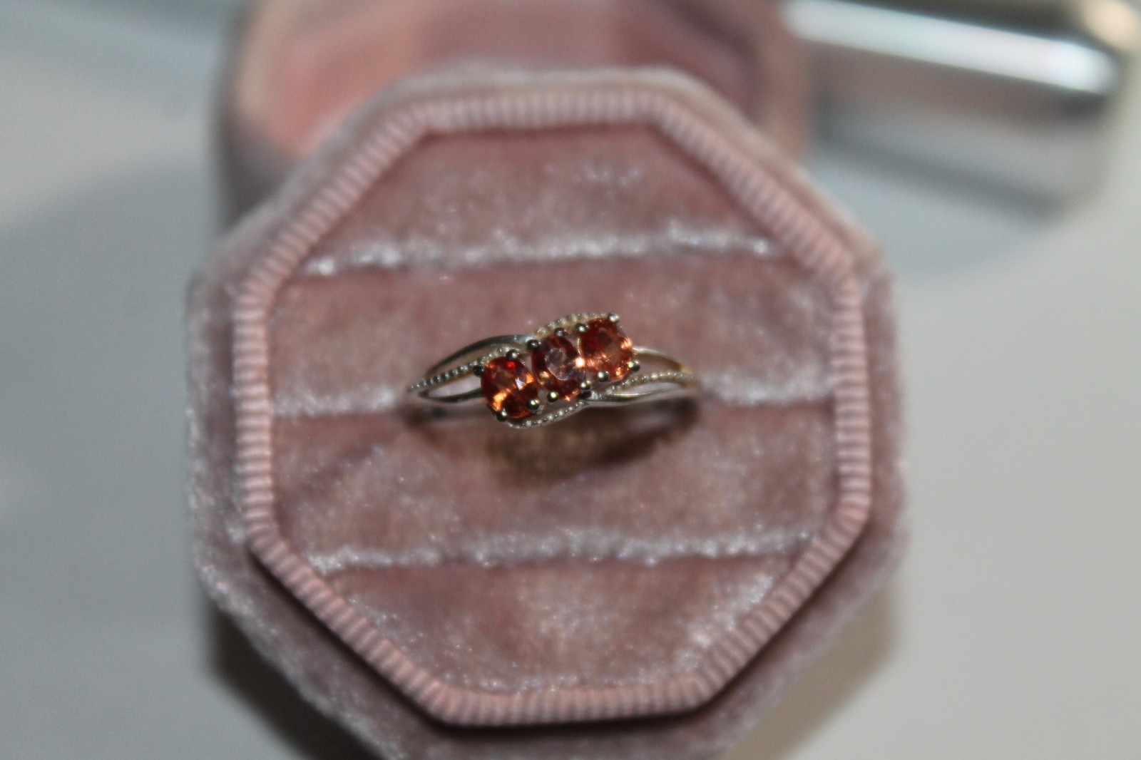 3-stone Oval Orange Sapphire 925 Silver ring size 7 by: STS Karis