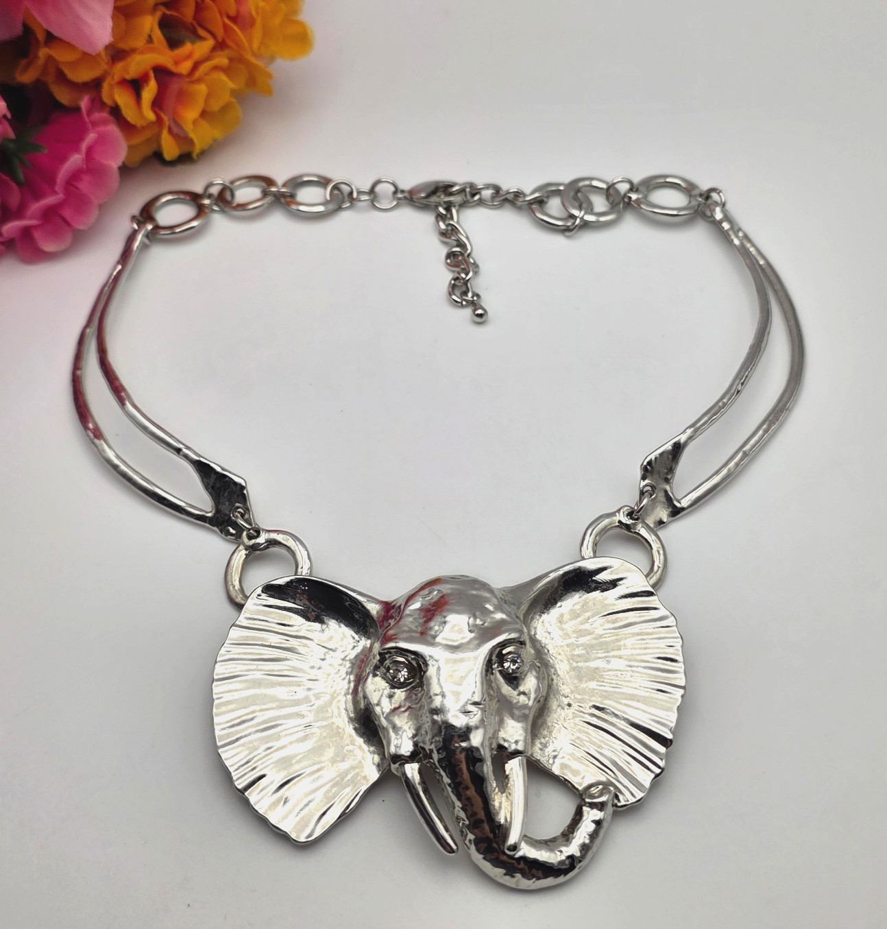 Silver Tone Elephant Head Statement Necklace Hammered Organic Link 19 In
