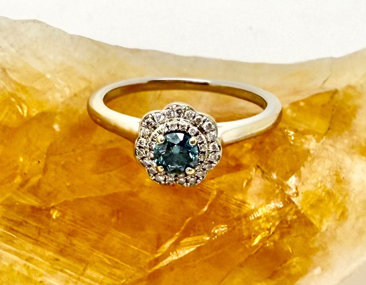 .25 Carat RB Blue & White Diamond Ring 18k White Gold w/Card Appraisal 6.5
