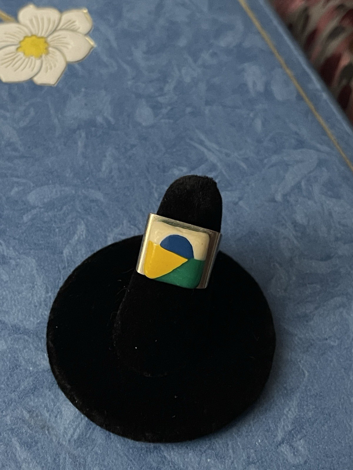 MCM Vintage Metal And Enamel Art Deco Ring With Square Band Size 4.5 Unique