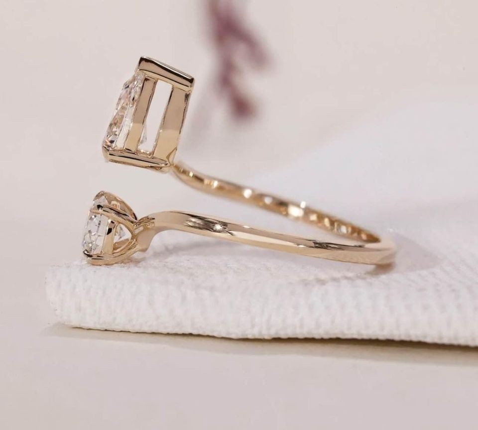 2Ct Round & Pear Cut Simulated Diamond Open Band Ring In 14K Yellow Gold Plated