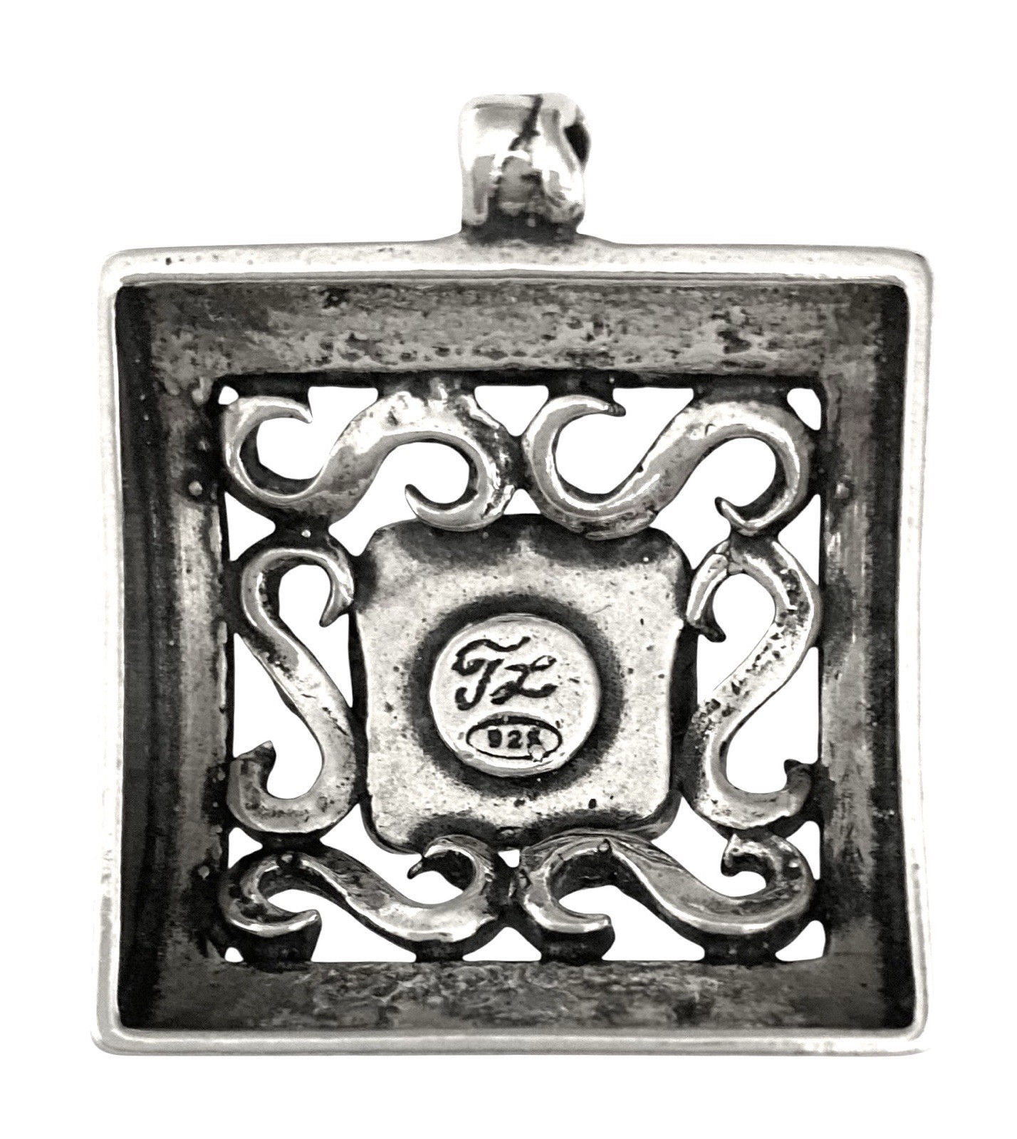 VINTAGE ARTISAN ISRAEL Sterling Silver Square Open Work Scroll OPAL Pendant