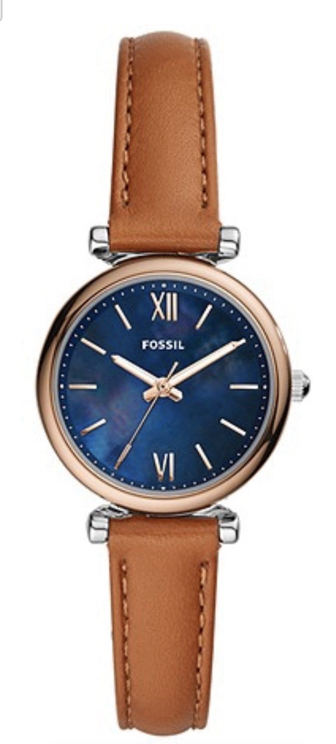 Fossil Women’s Carlie mini Blue Dial Brown Leather Strap Watch Stainless Steel