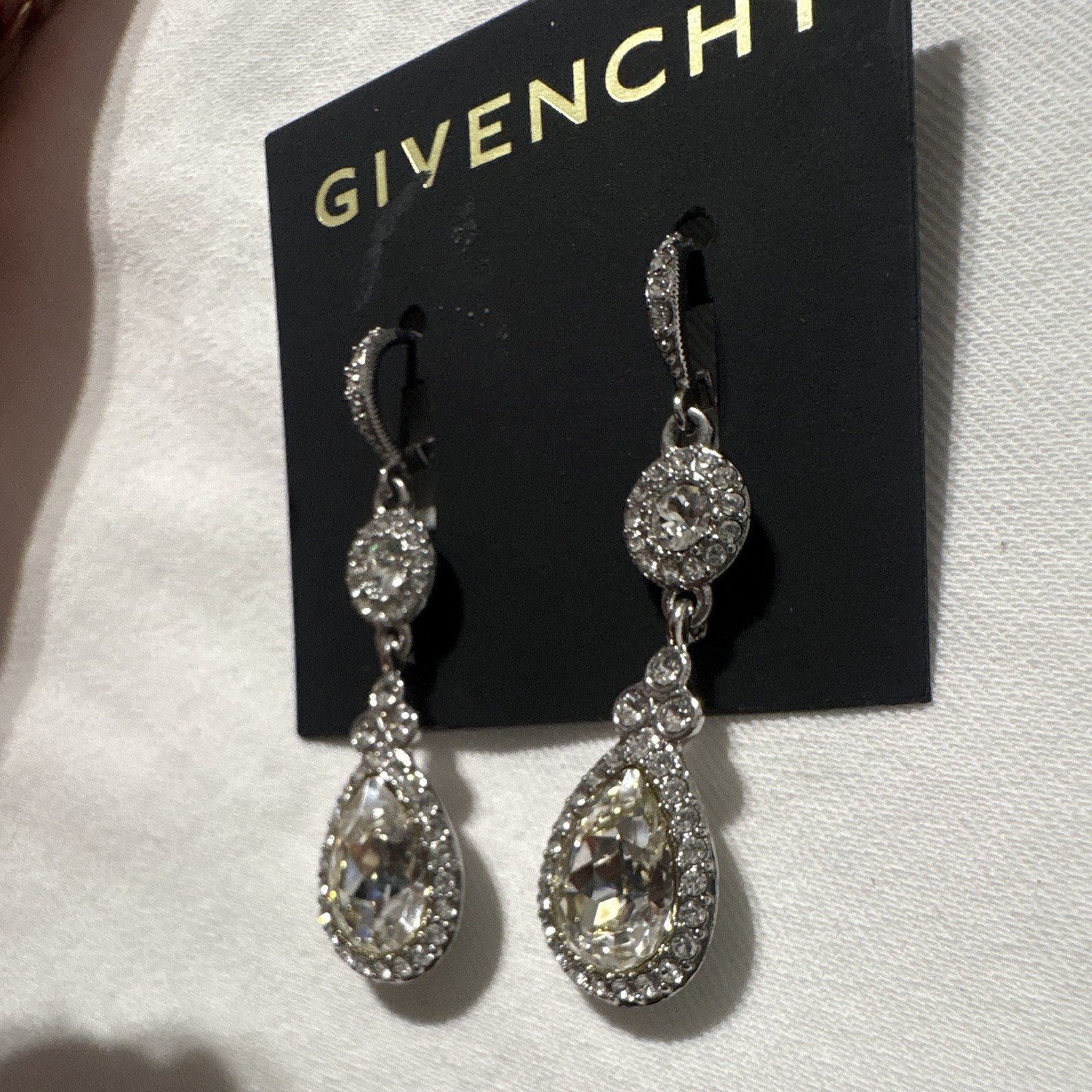 Givenchy Silver Tone Clear Crystal Teardrop Dangle Earrings Leverback Signed