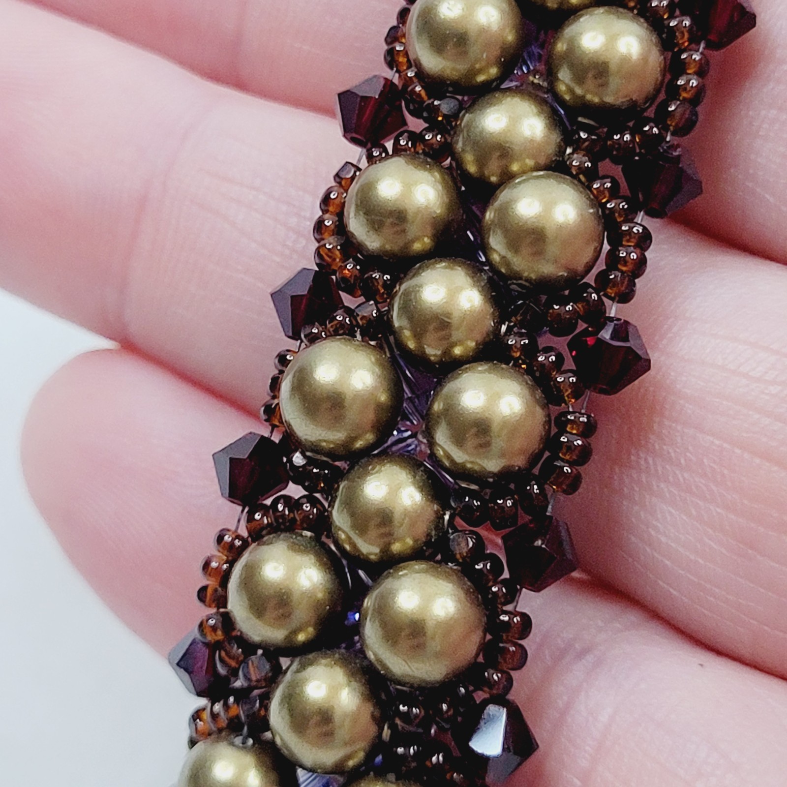 Purple Dark Red Gold Bead Woven Lace Bracelet Toggle Closure Reversible 7″ Long
