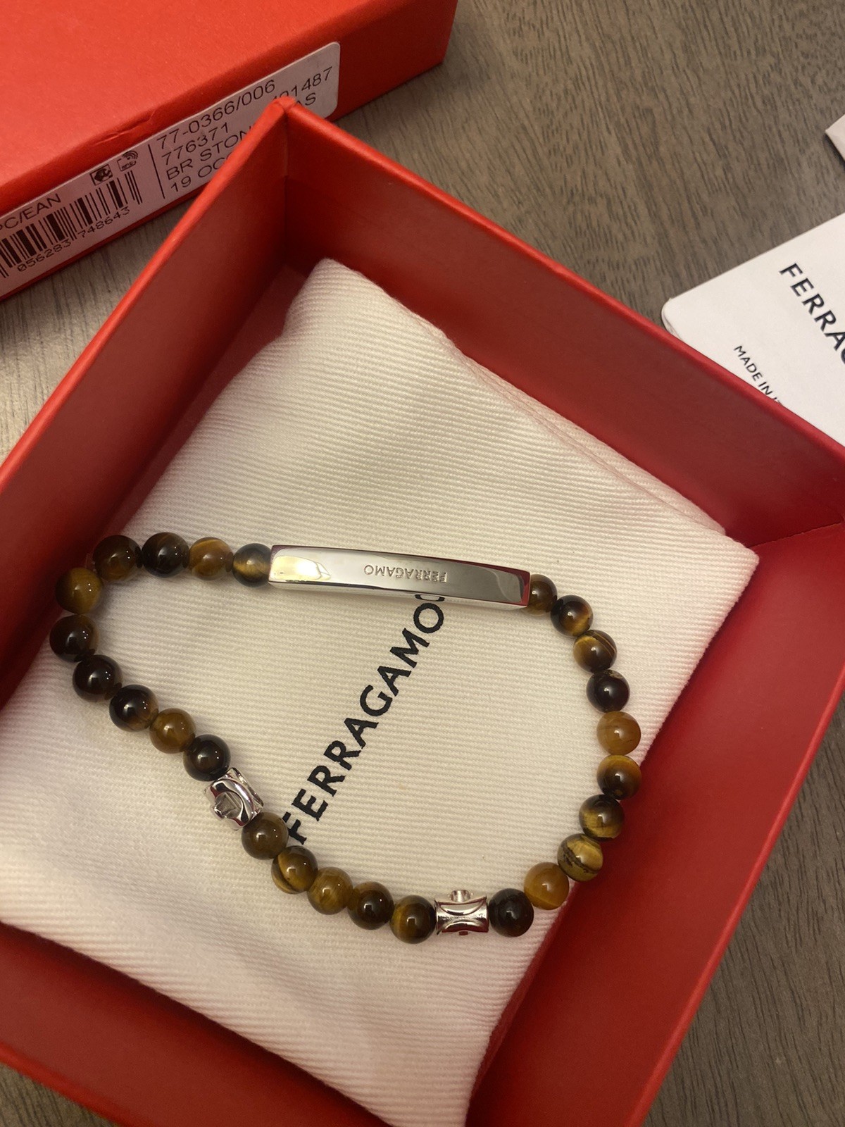 Ferragamo Mens Semi-Precious Tiger Eye Stones Logo Stretch Bracelet 19 NEW