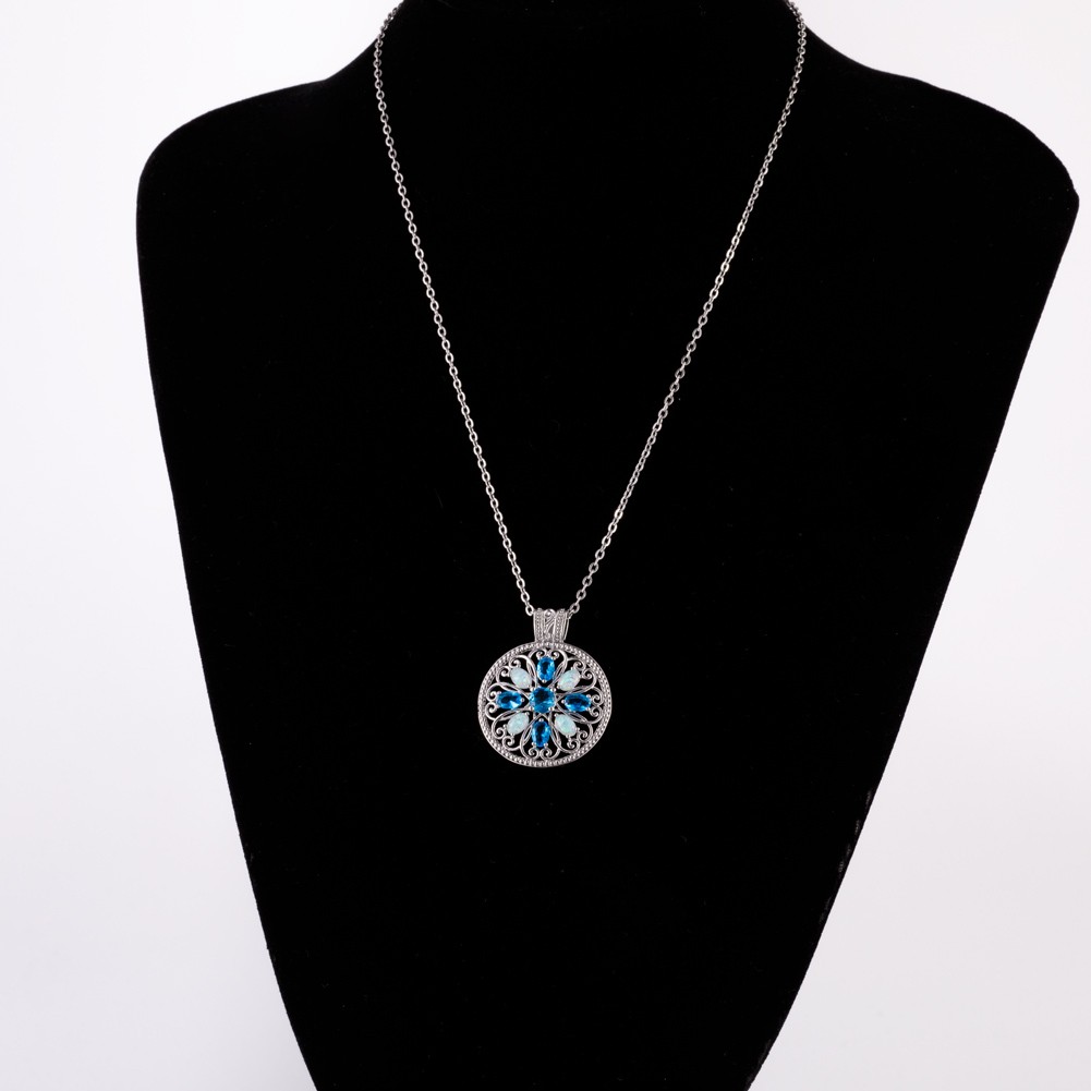Round 4×6 Simulated Blue Topaz White Fire Opal Silver Jewelry Necklace Pendant