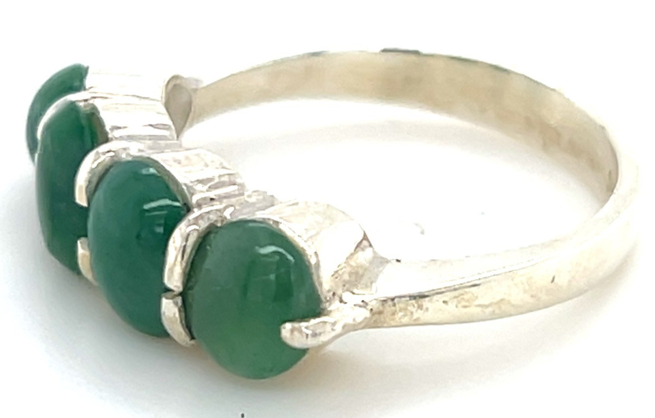Type A Imperial Green Jadeite 4-Stone Ring 925 Silver Sz7.5