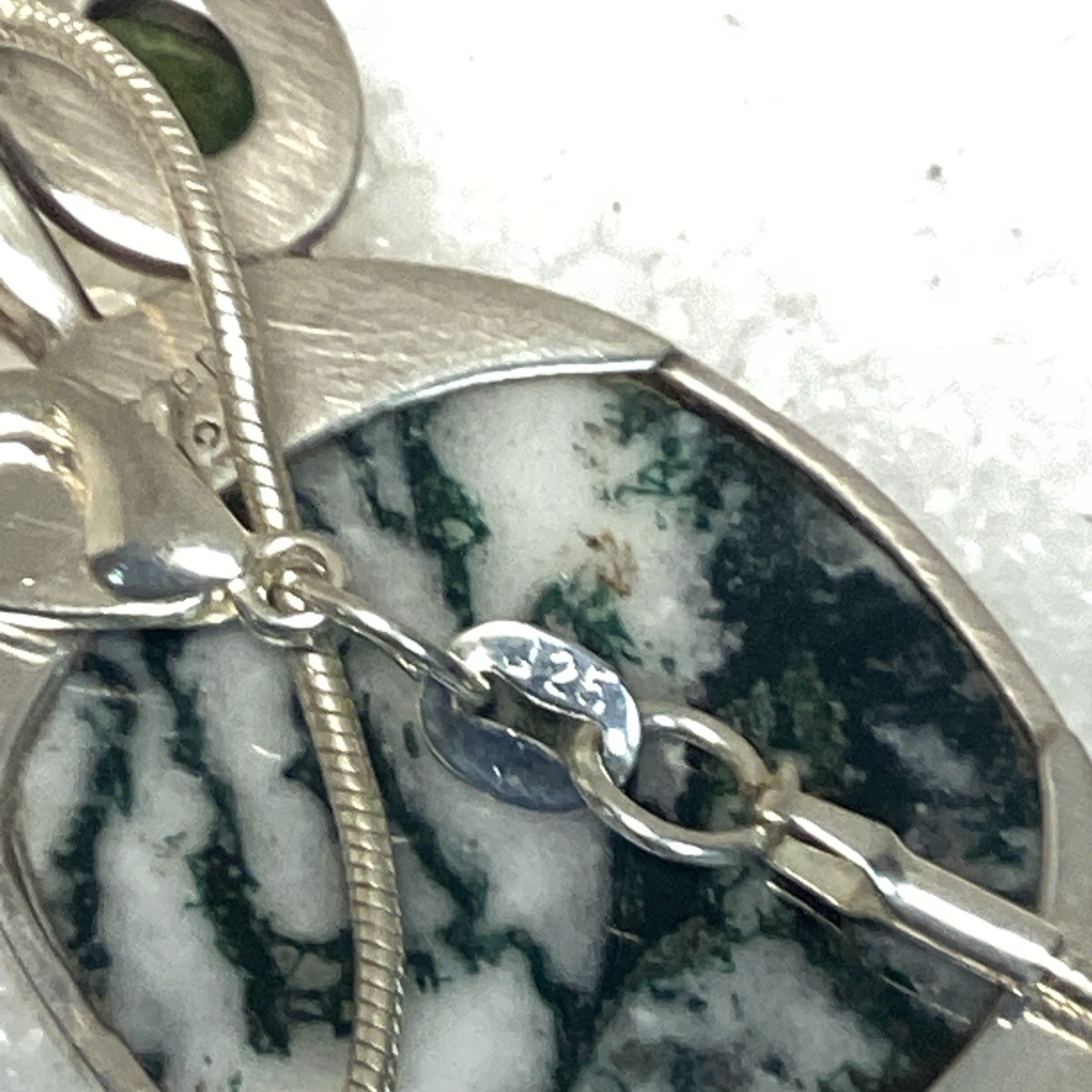 Sajen Pendant Sterling Silver Tree Agate & Jade On Snake Chain