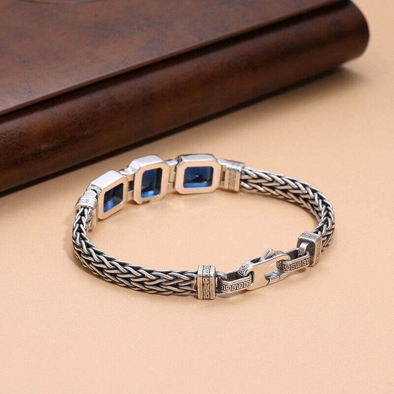 Pure S925 Sterling Silver Bracelet Women Men Blue Square Crystal Wheat Link
