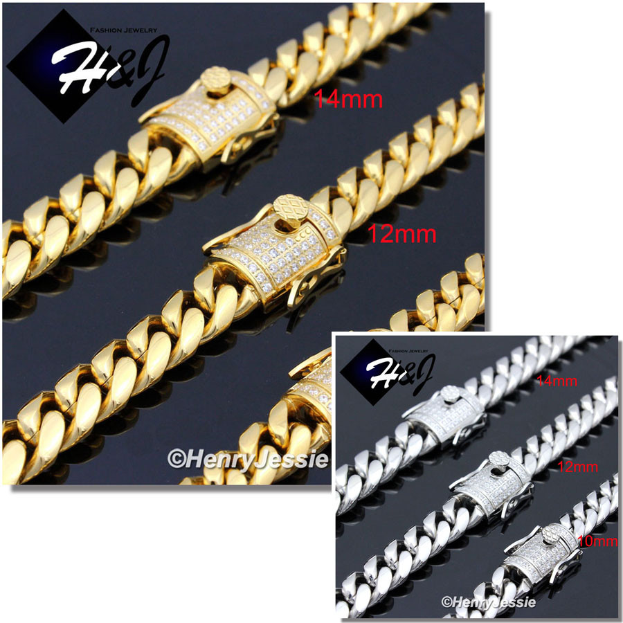 18-40″Stainless Steel 10/12/14mm Silver/Gold Plated ICY CZ Cuban Necklace*N158