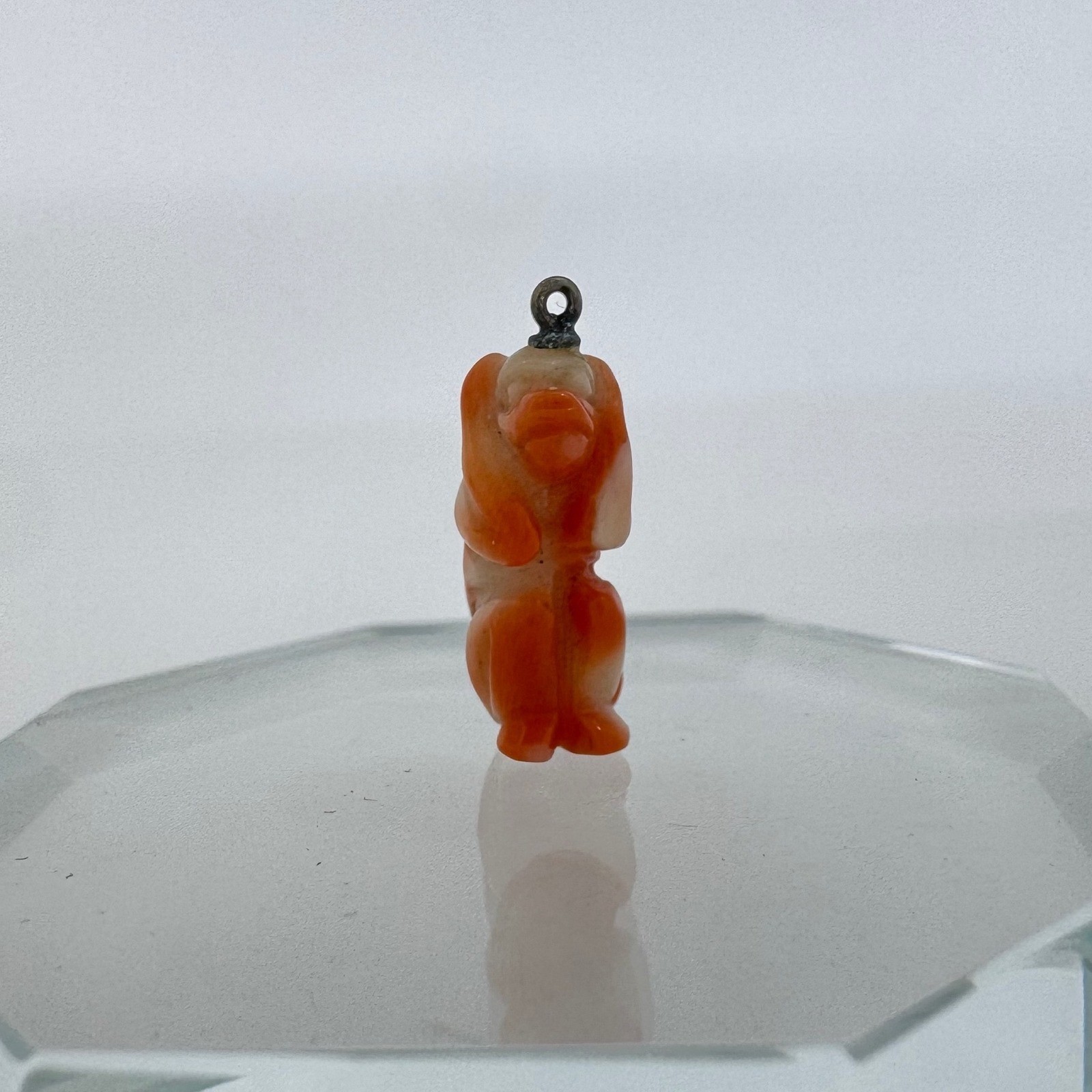 Antique Carved Coral Hear No Evil Monkey Charm Pendant Orange White 17mm