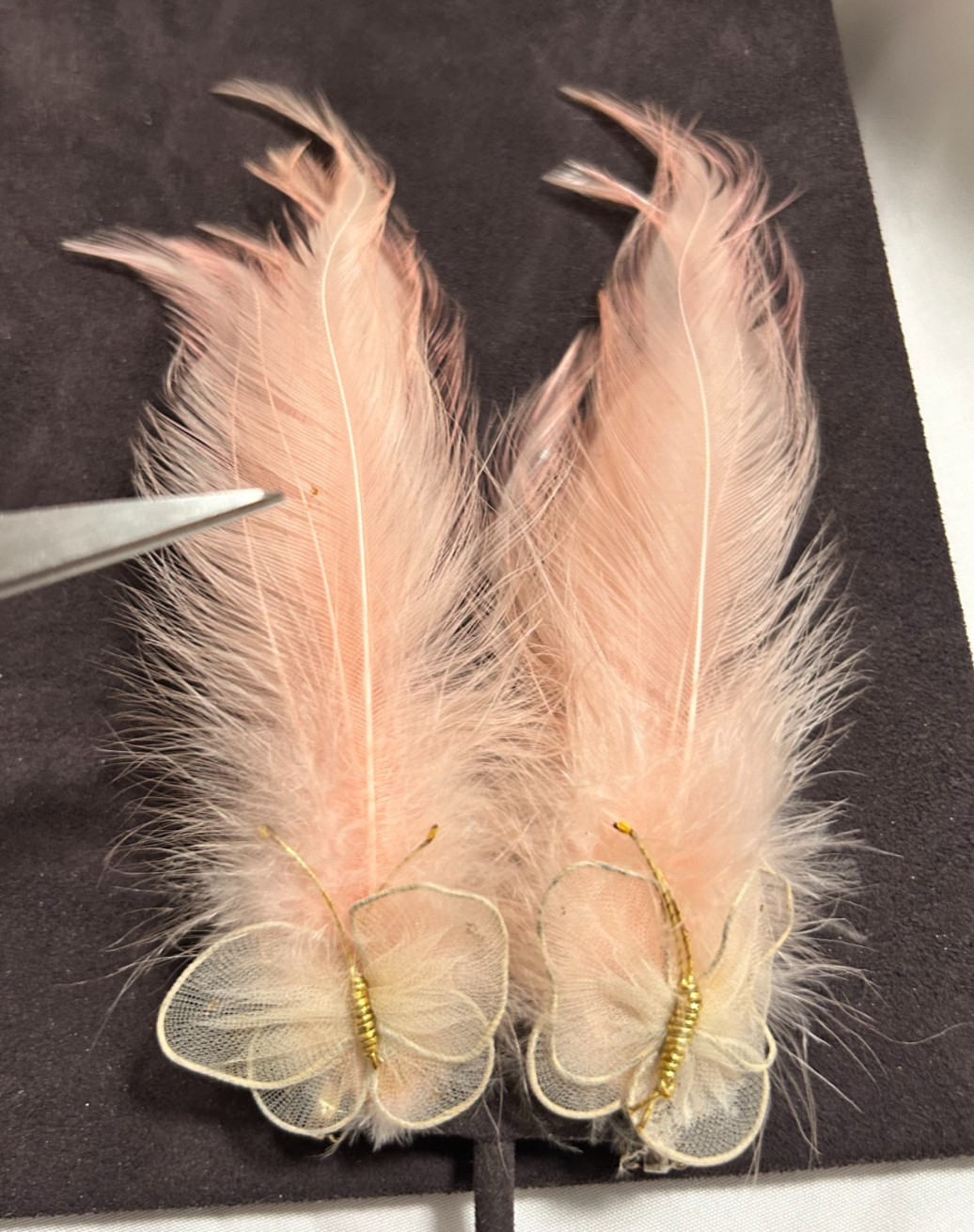 Vintage 1950’s Real Feather Butterfly Pink Special Occasion Earrings Clip-On 6″