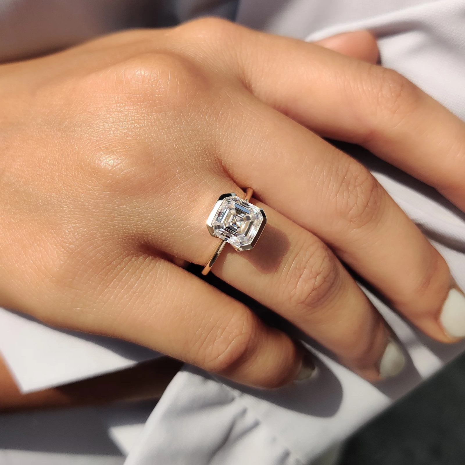 2.0CT Asscher Cut Moissanite Half Bezel Engagement Ring 14K Yellow Gold Plated
