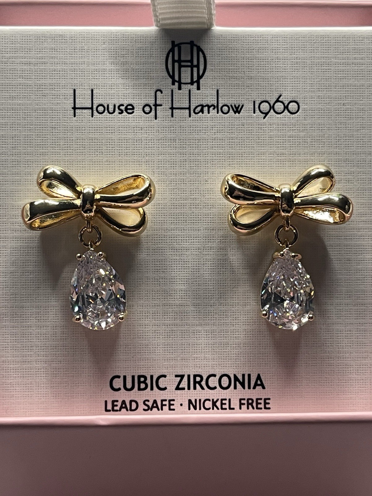 House Of Harlow 1960 Gold Tone Bows Teardrop Cubic Zirconia Stones NWOT