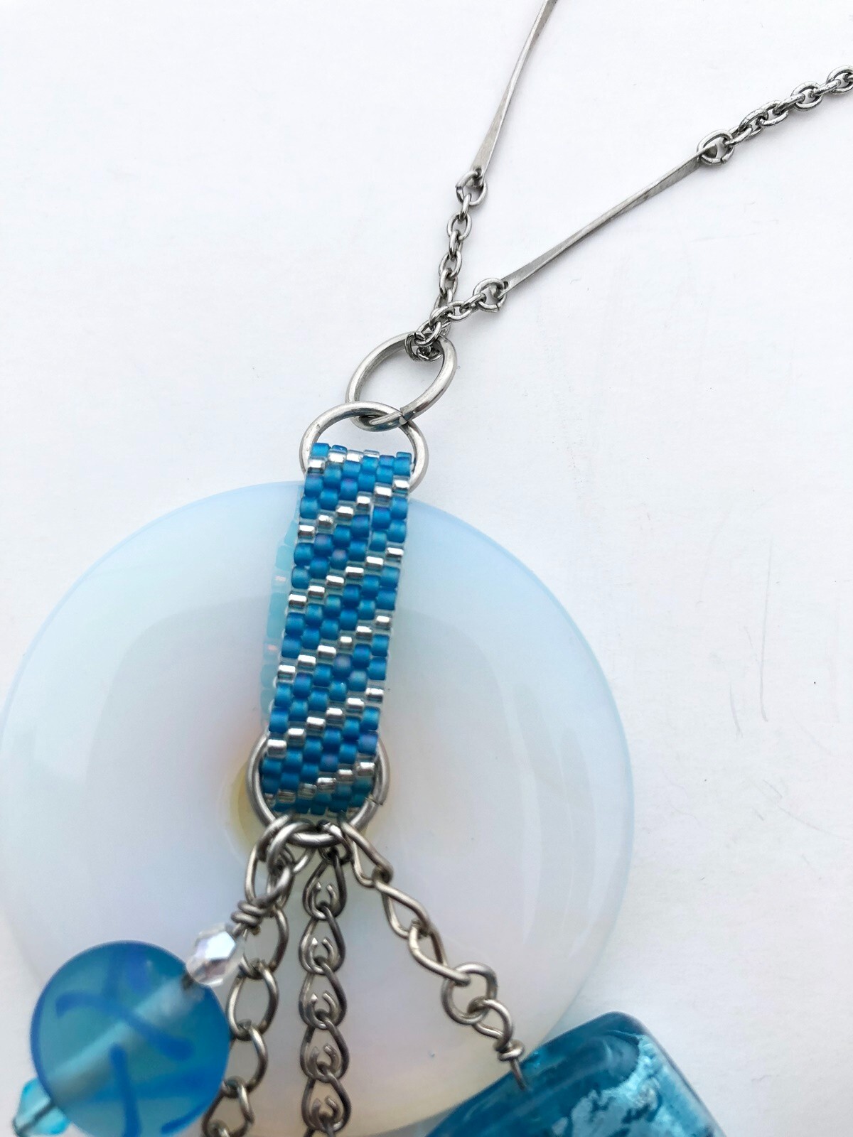 Necklace Pendant and Earrings Beads Optometrist Glass Teal Blue White Mix 22″